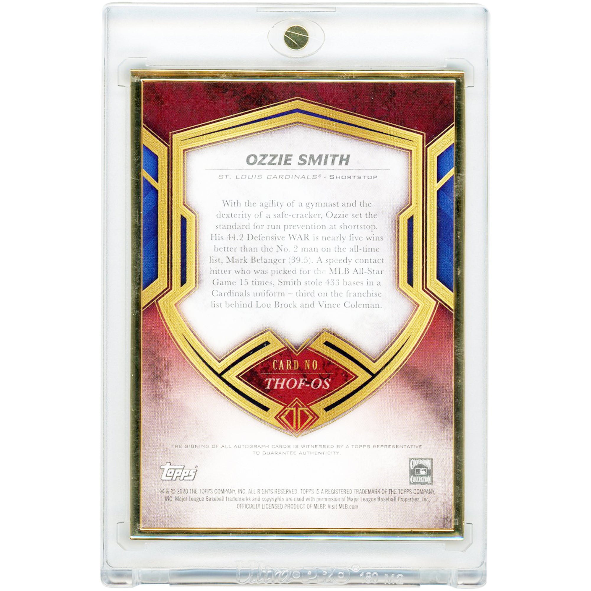 Ozzie Smith St. Louis Cardinals Autographed 2020 Topps Transcendent Gold Framed HOF #THOF-OS #17/25 Card