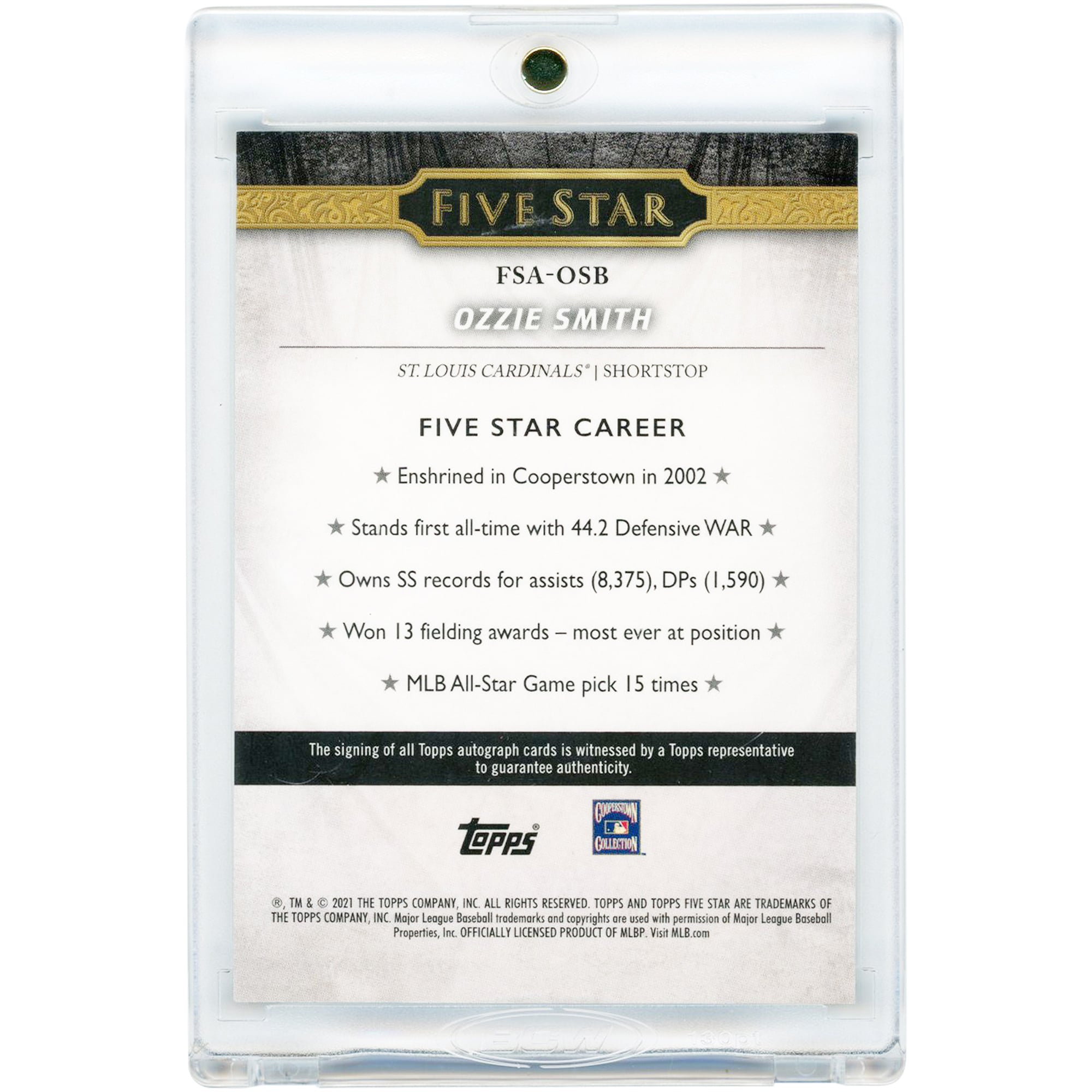 Ozzie Smith St. Louis Cardinals Autographed 2021 Topps Five Star Blue #FSA-OSB #5/25 Card