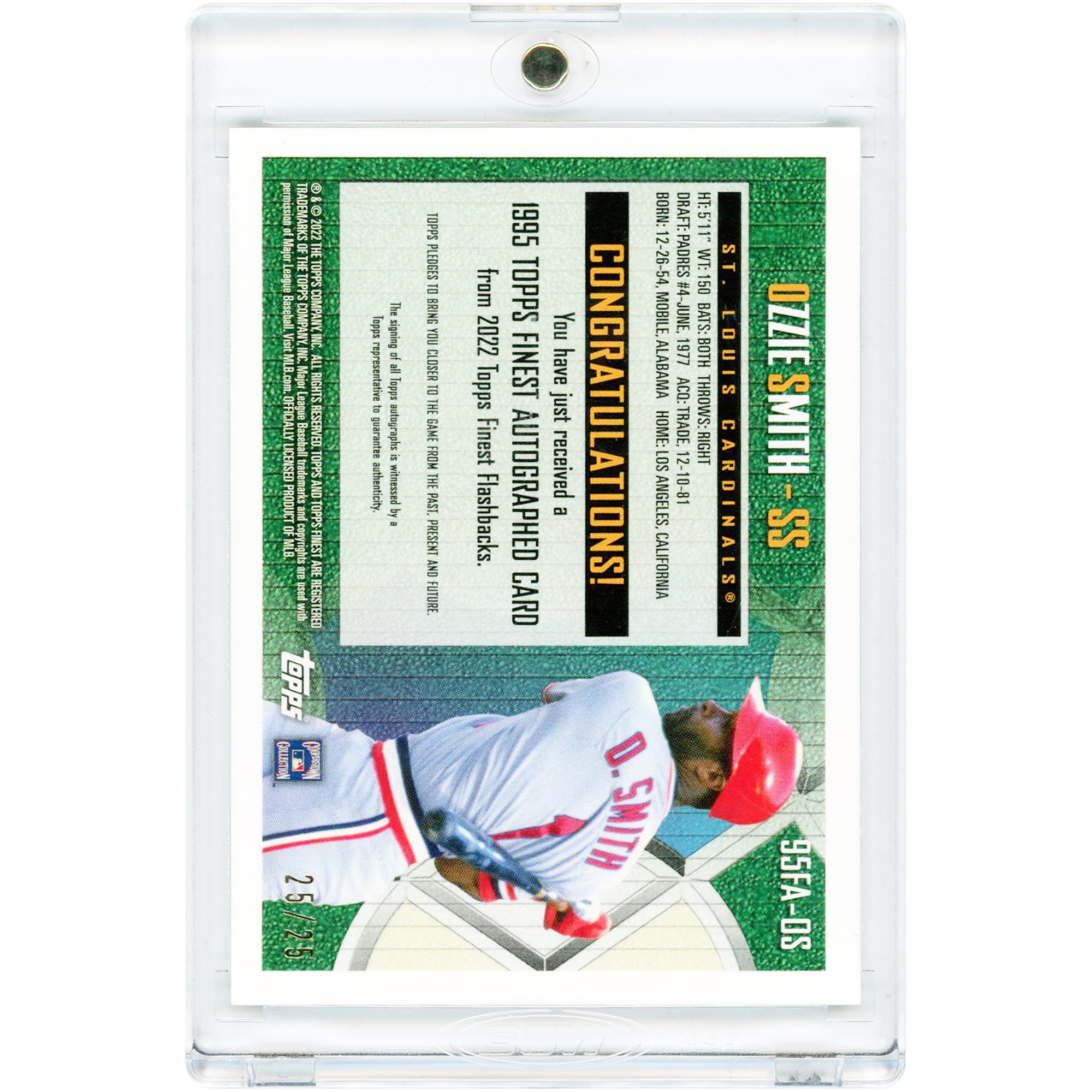 Carte autographiée d'Ozzie Smith (St. Louis Cardinals) 2022 Topps Finest Flashbacks 1995 Topps Finest Design #95FA-OS #25/25