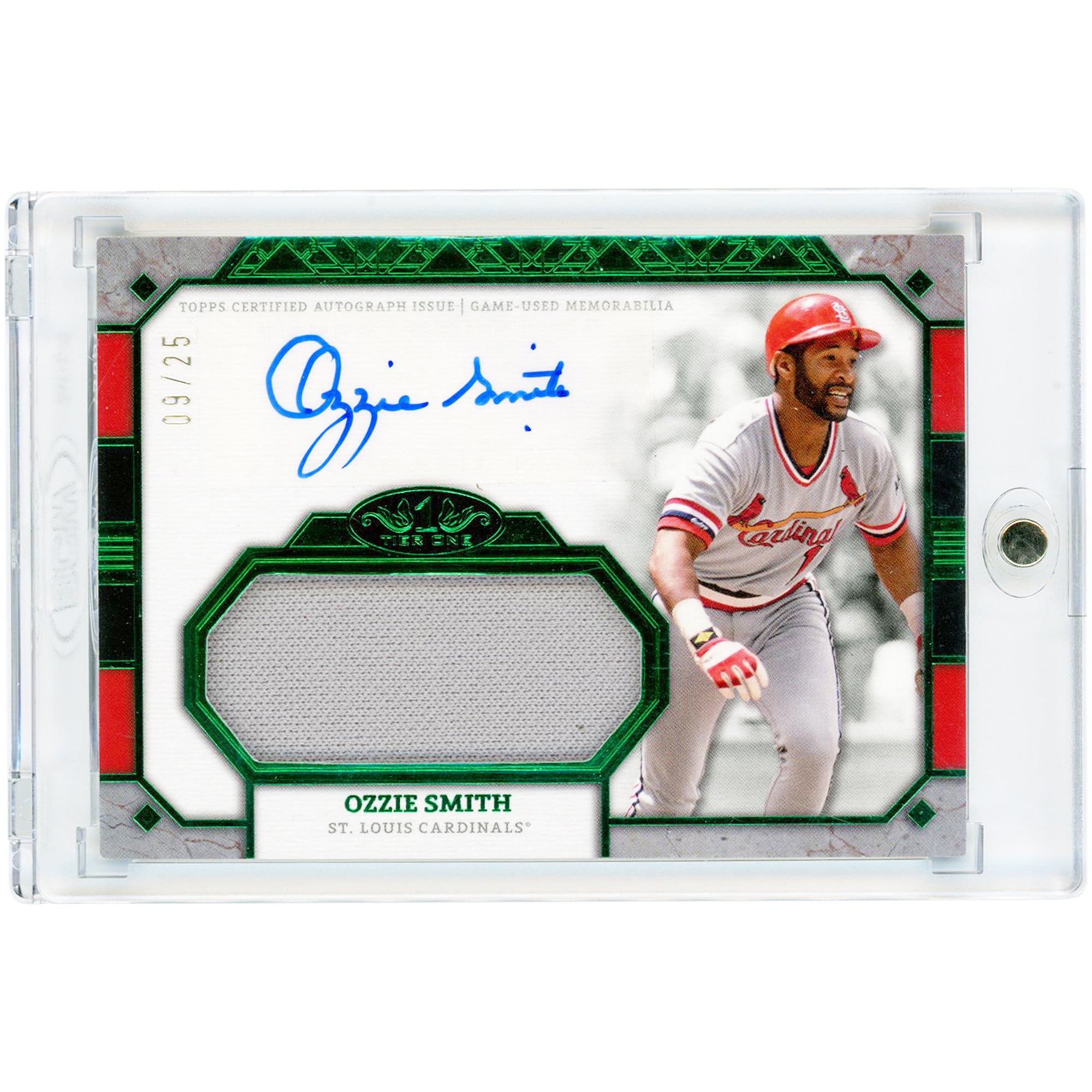 Carte Ozzie Smith des Cardinals de Saint-Louis, autographiée, collection 2024 Topps Tier One Jumbo Game Used Jersey Relic Emerald #AT1JR-OS #9/25