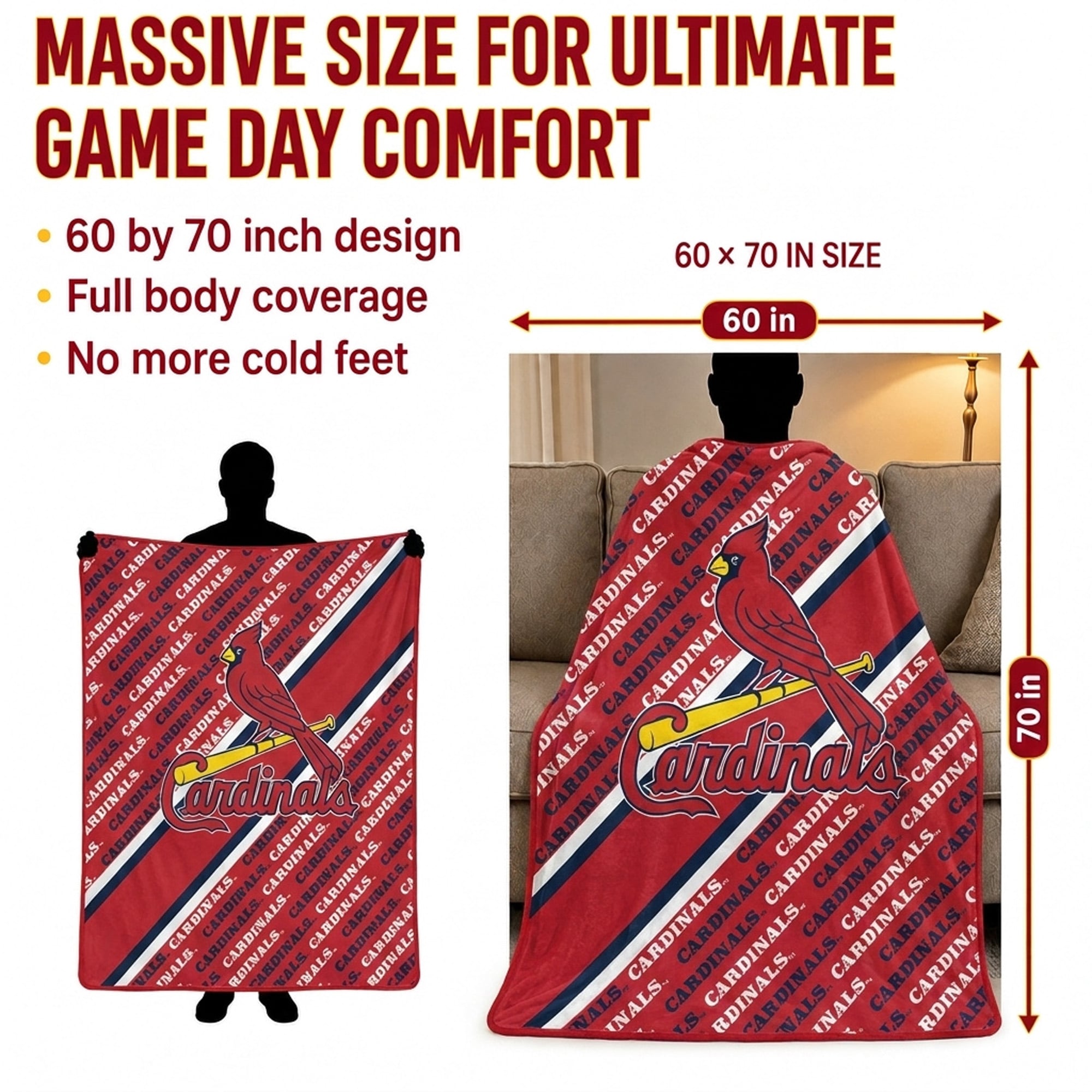 Couverture ultra douce Pegasus St. Louis Cardinals, 152 x 178 cm (diagonale), doublée et ornée du logo.