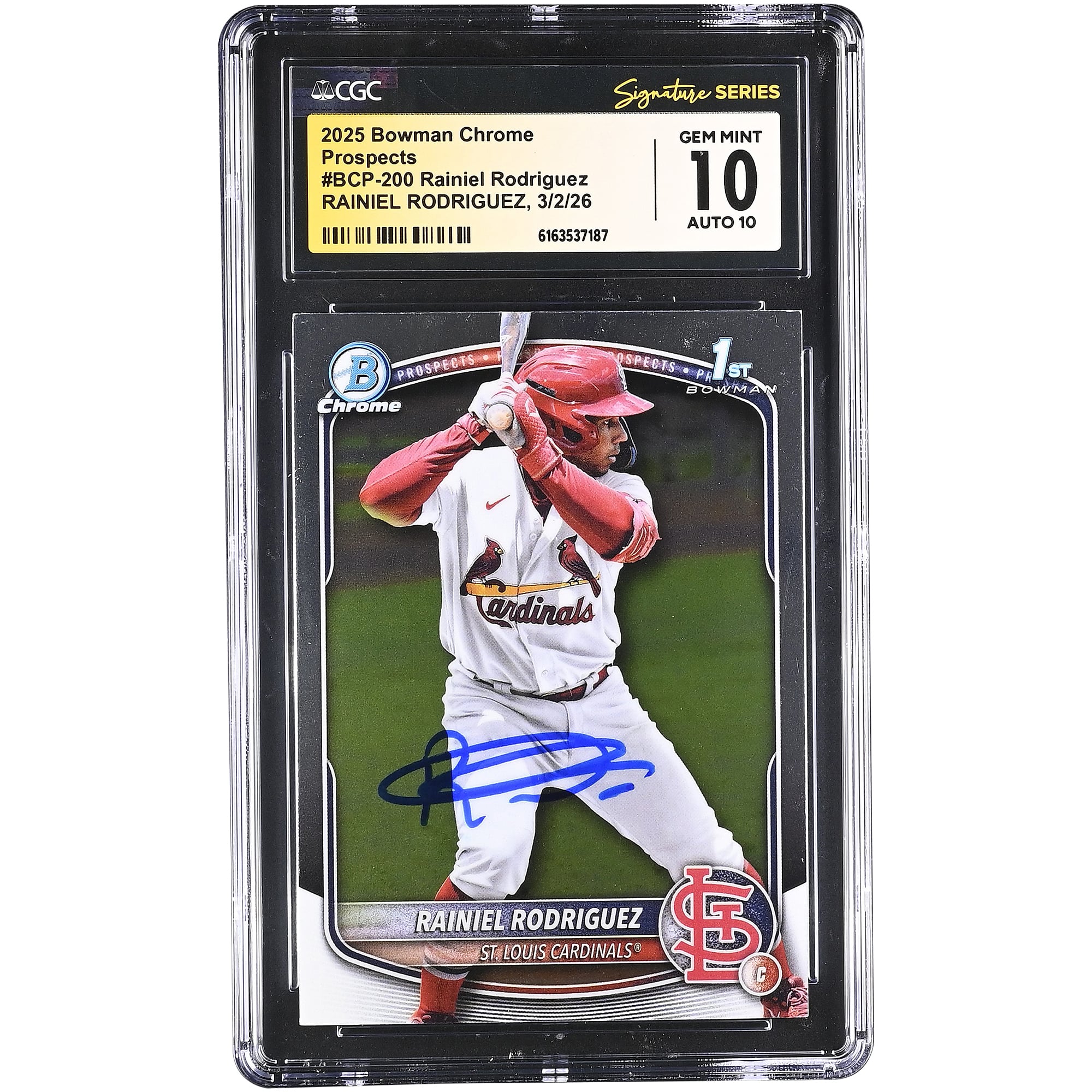 Carte autographiée par Rainiel Rodriguez des Cardinals de Saint-Louis (collection Bowman Chrome Prospects 2025, n° BCP-200, authentifiée CGC 10/10)
