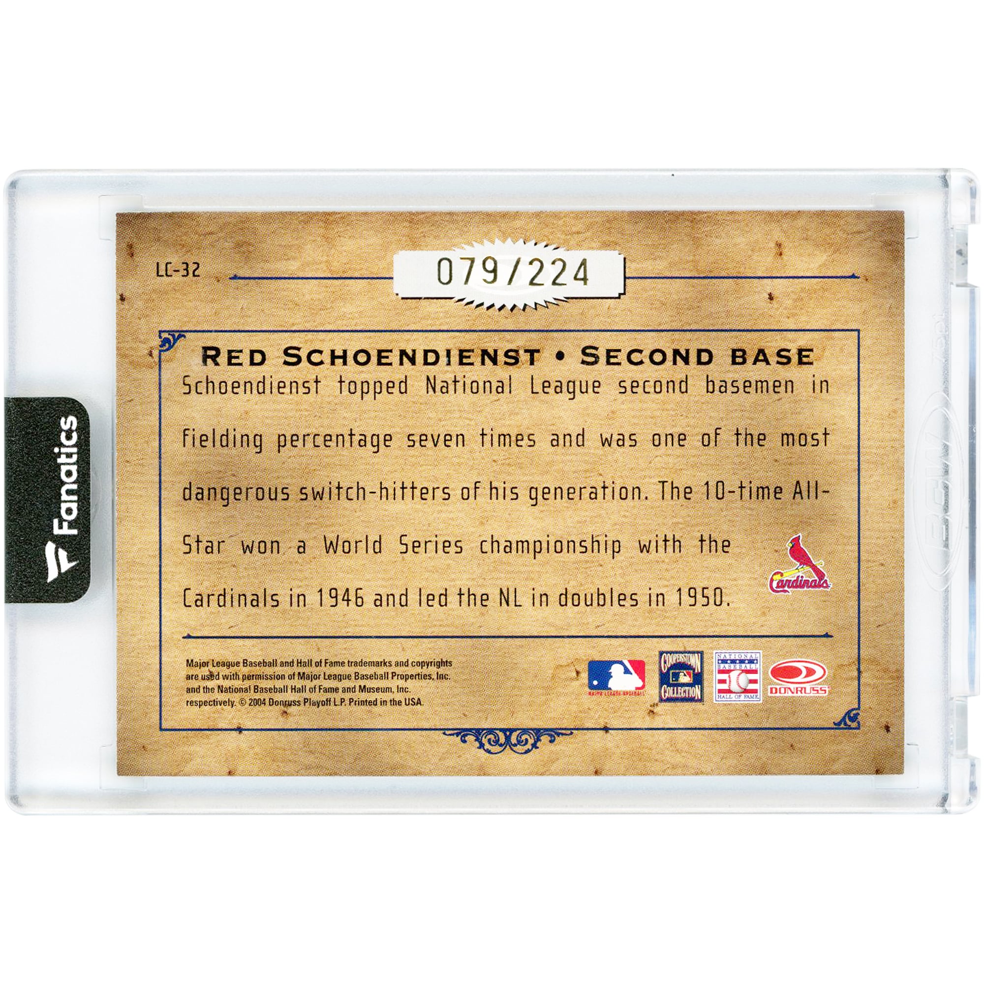 Carte autographiée par Red Schoendienst des Cardinals de Saint-Louis (2004) Donruss Leather & Lumbar Lumber Cuts #LC-32 #79/224