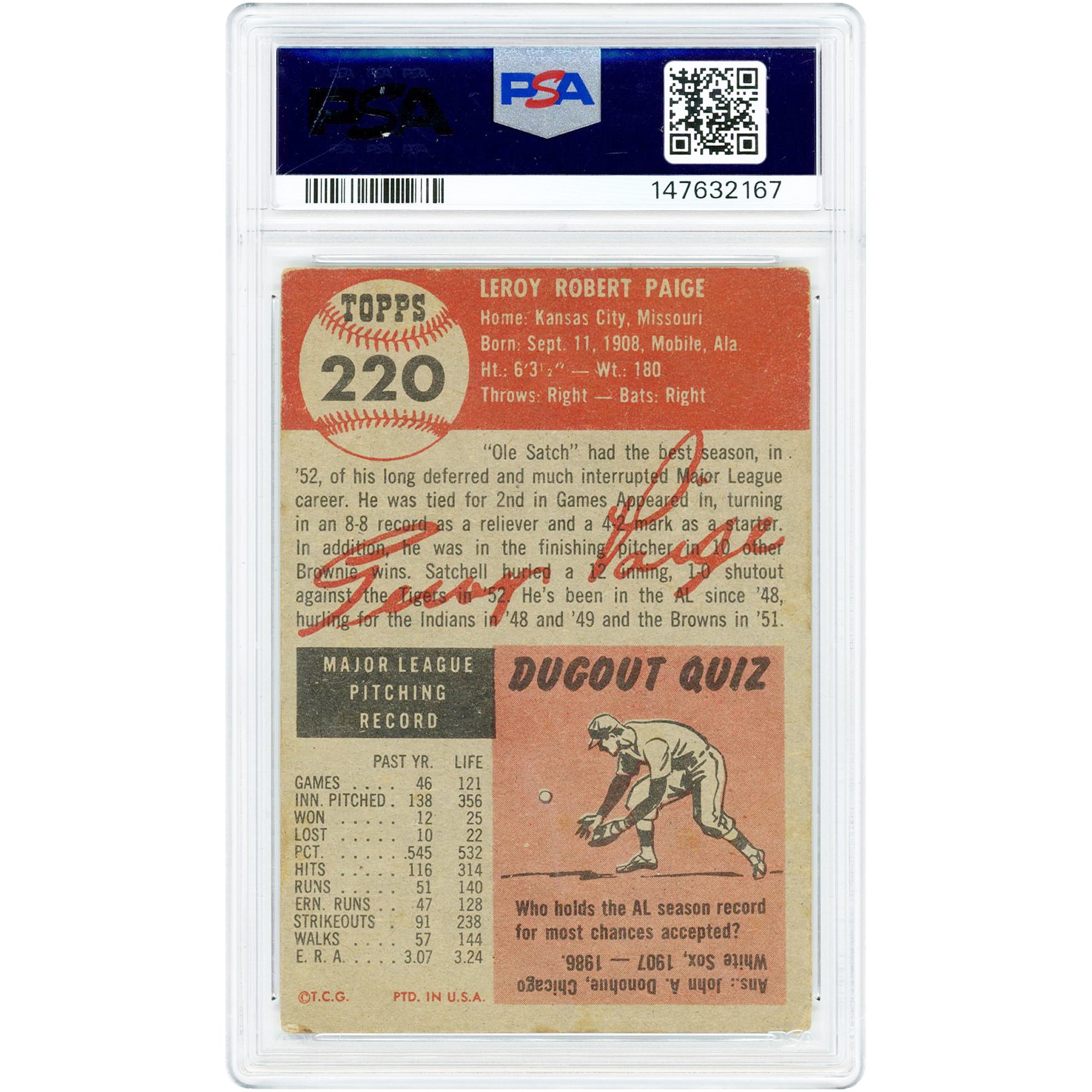 Carte de recrue Satchel Paige St. Louis Browns 1953 Topps n° 220 authentifiée PSA 2