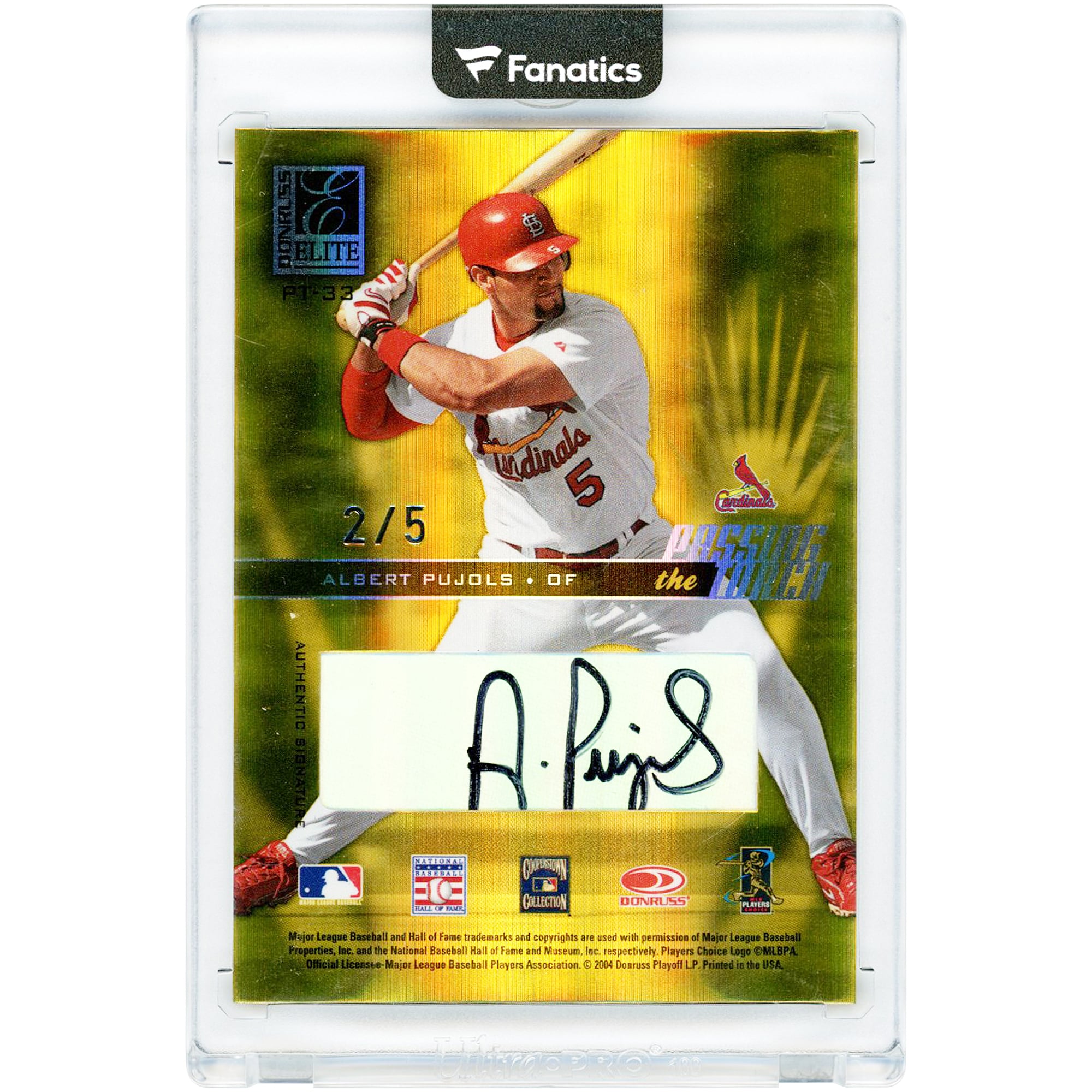 Carte autographiée Stan Musial et Albert Pujols des Cardinals de Saint-Louis, collection Donruss Elite 2004 « Passing The Torch » n° PT-33 n° 2/5