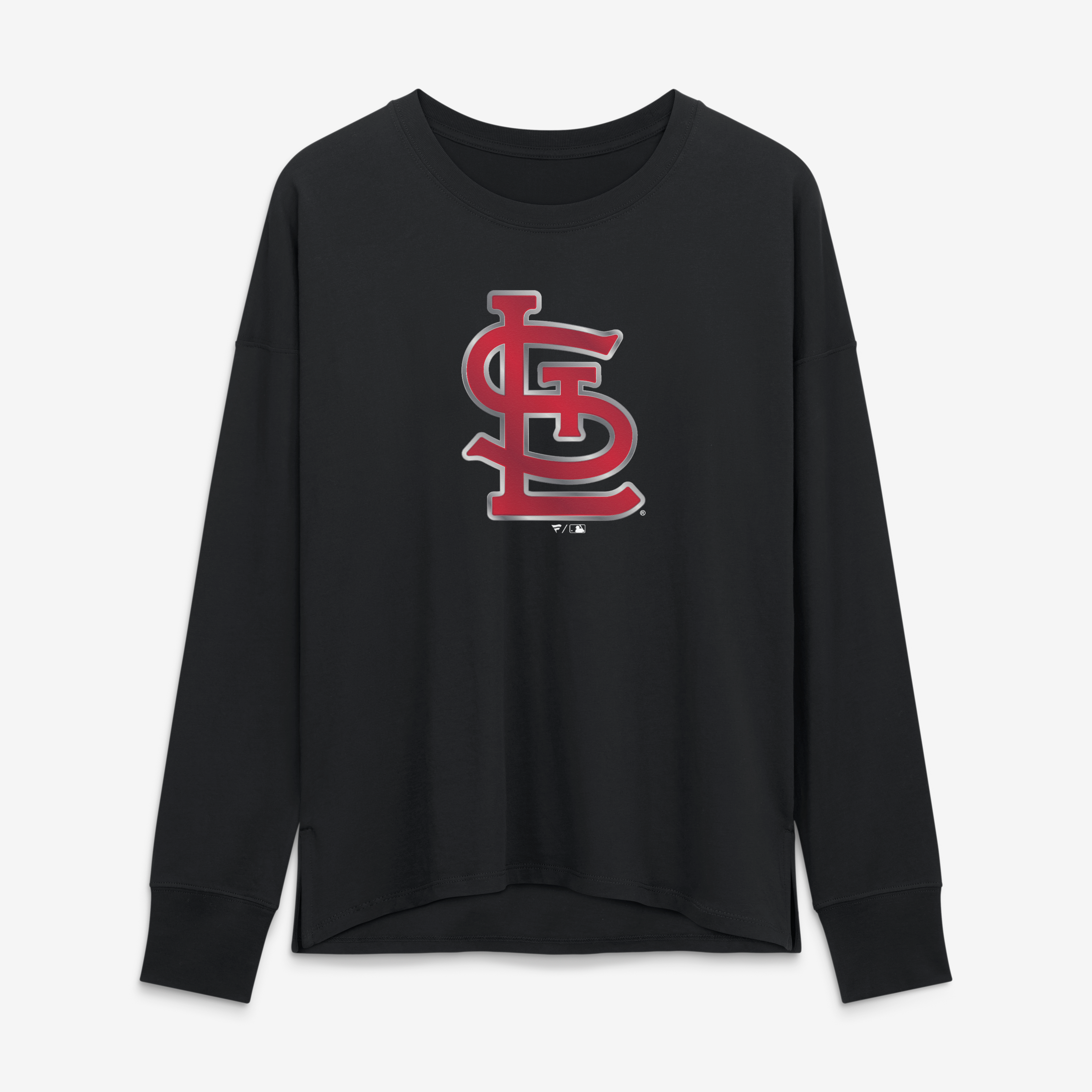 T-shirt à manches longues noir pour femmes avec mascotte métallique des Cardinals de Saint-Louis