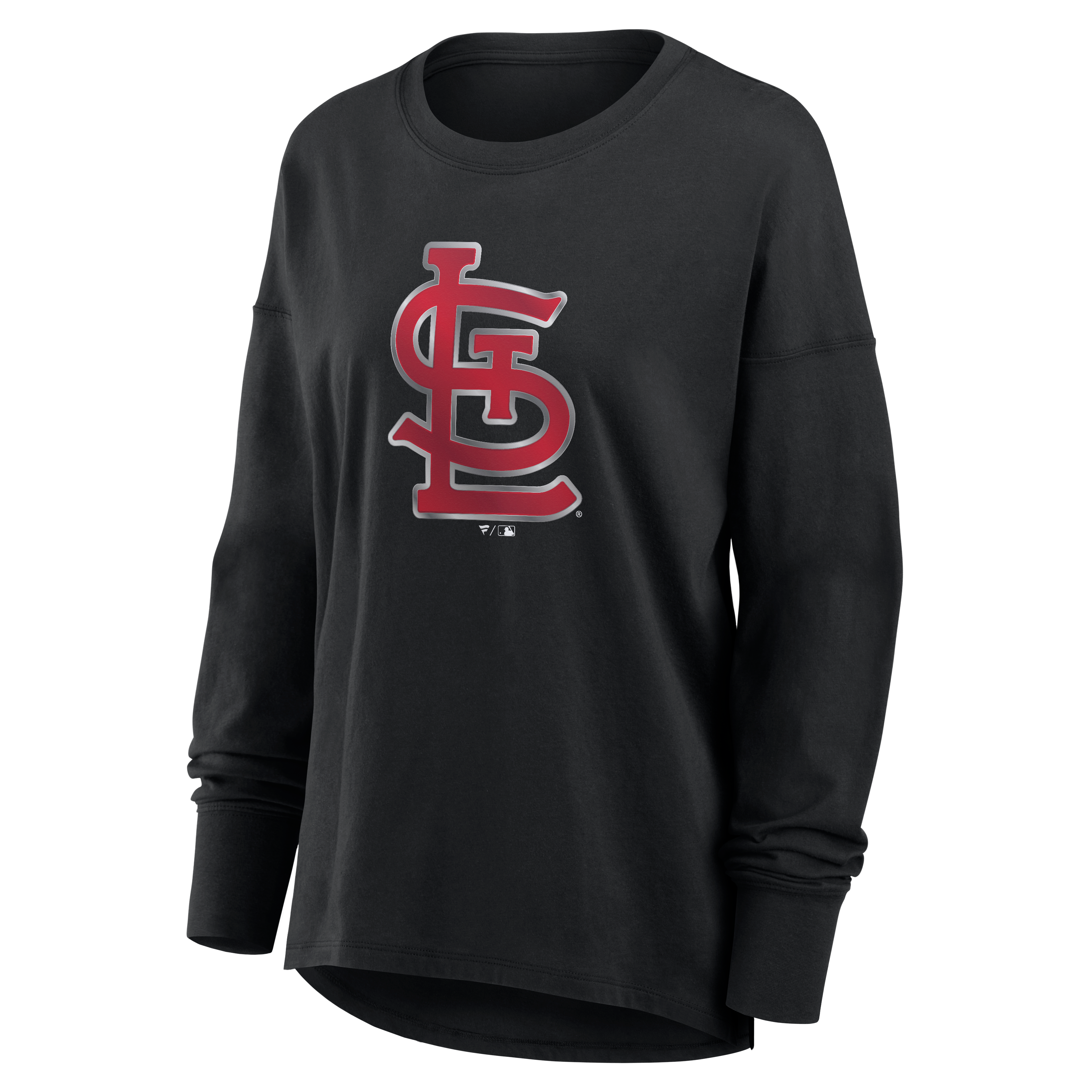 T-shirt à manches longues noir pour femmes avec mascotte métallique des Cardinals de Saint-Louis