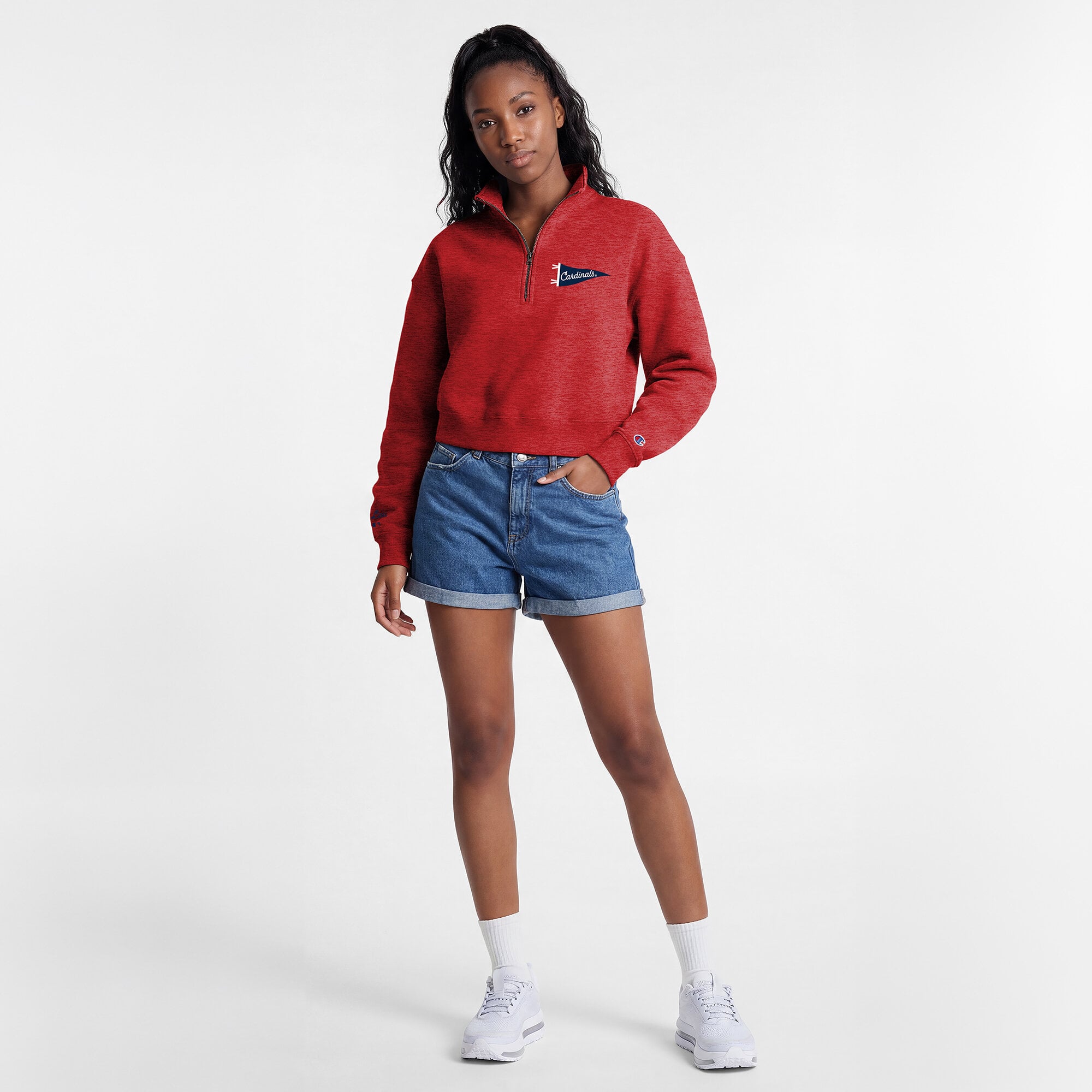 Pull court à col zippé Champion rouge St. Louis Cardinals Triumph en polaire tri-blend pour femme