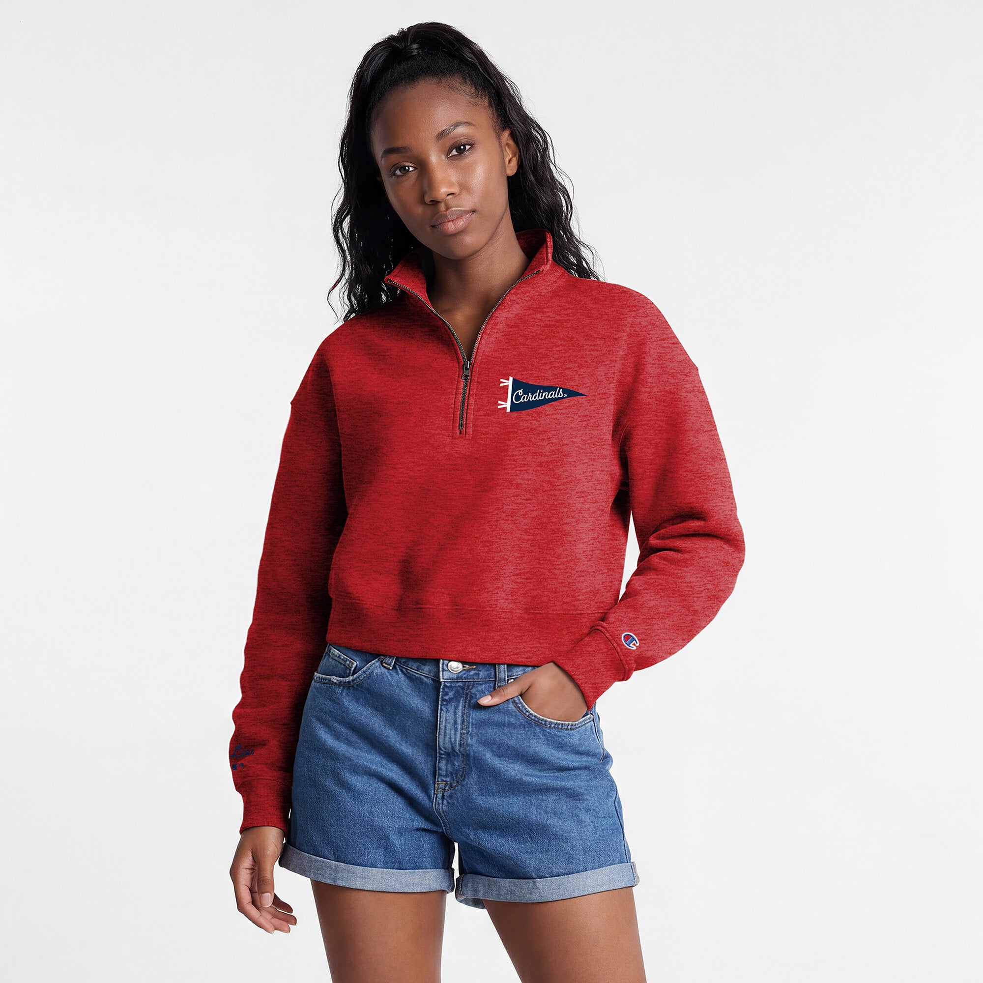 Pull court à col zippé Champion rouge St. Louis Cardinals Triumph en polaire tri-blend pour femme