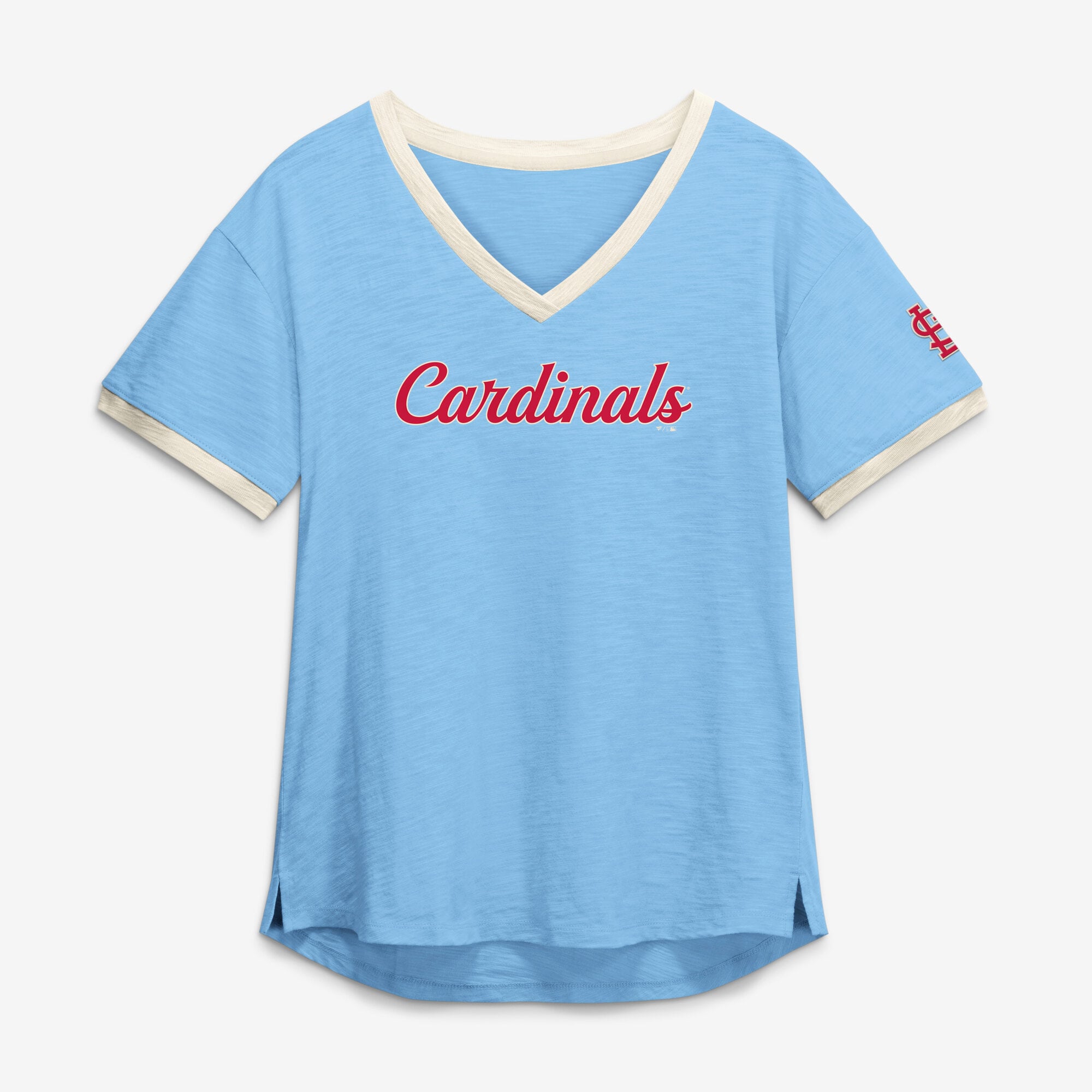 Haut Fanatics bleu clair pour femme, style décontracté, coupe vintage, col en V, imprimé St. Louis Cardinals.