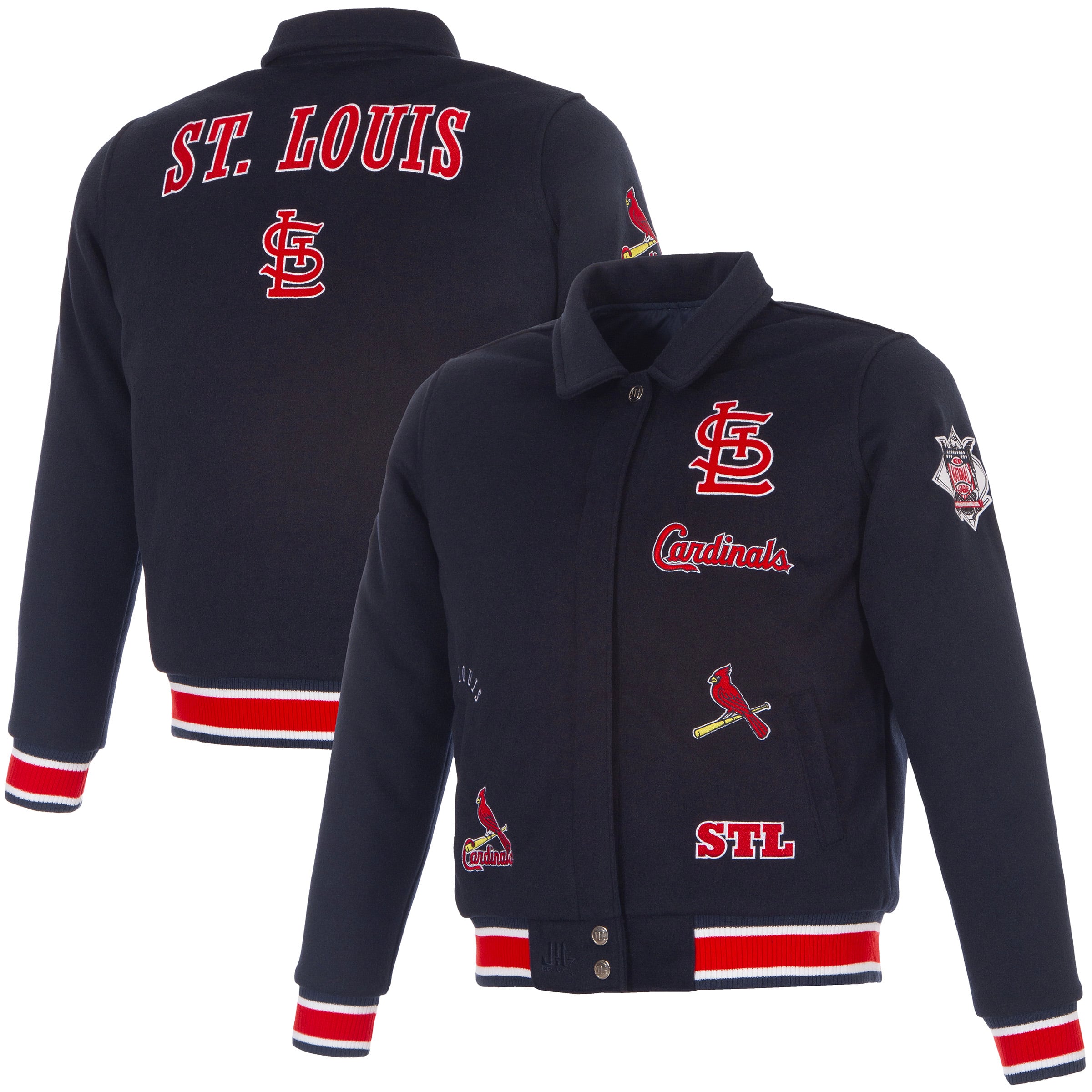 Veste réversible en laine à boutons-pression pour femme JH Design, motif Cardinals de Saint-Louis, bleu marine