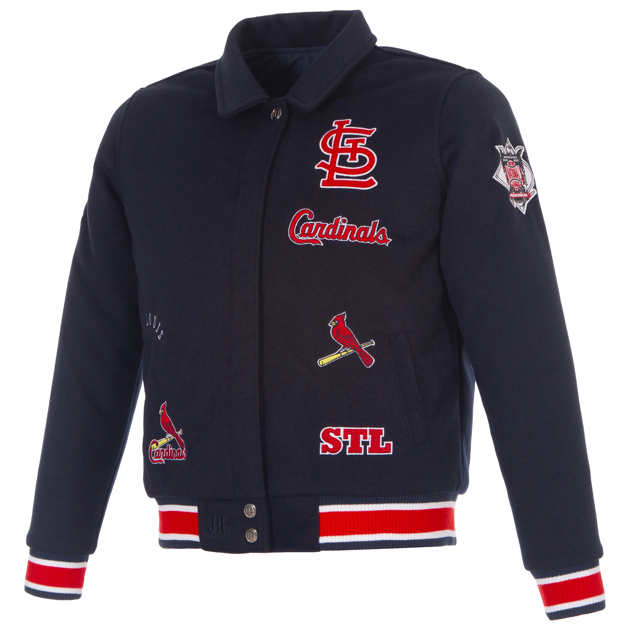 Veste réversible en laine à boutons-pression pour femme JH Design, motif Cardinals de Saint-Louis, bleu marine