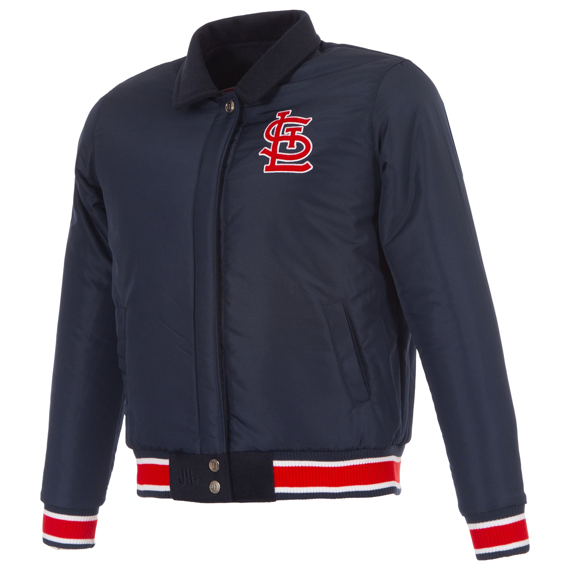 Veste réversible en laine à boutons-pression pour femme JH Design, motif Cardinals de Saint-Louis, bleu marine