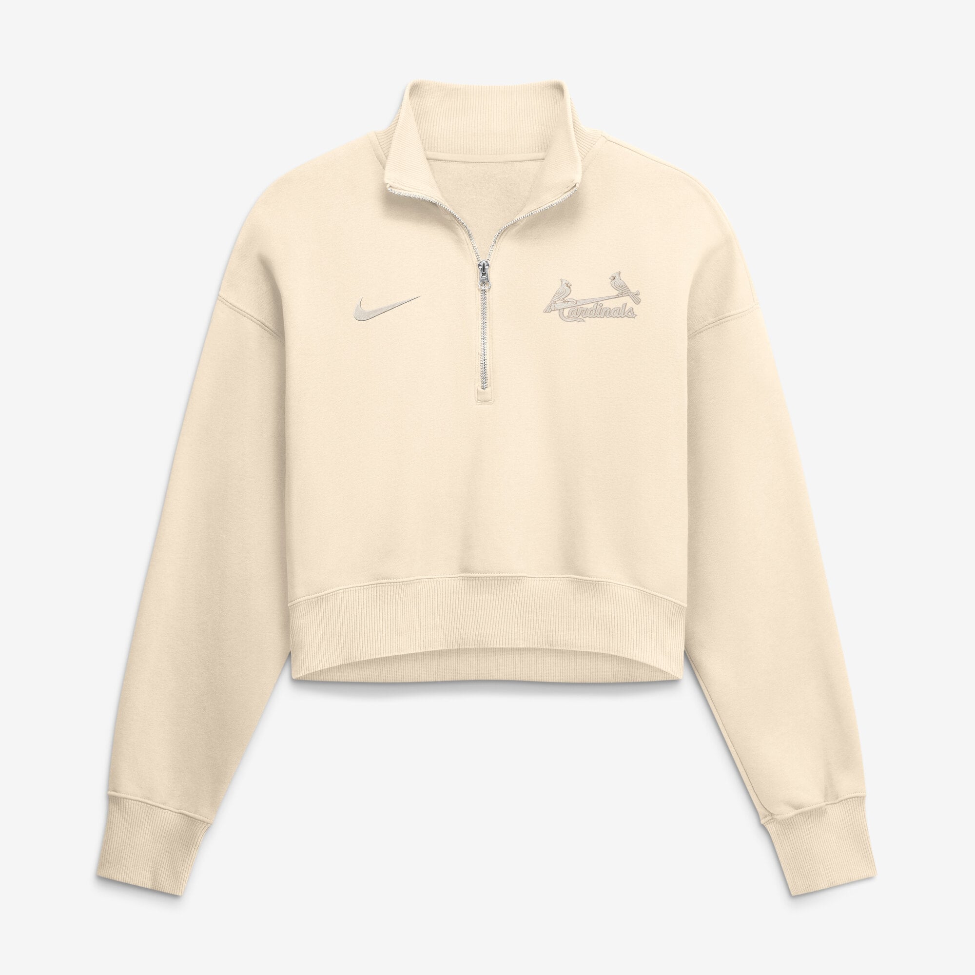 Sweat-shirt court à fermeture éclair 1/4 Nike crème pour femme, modèle Phoenix Fleece, aux couleurs des Cardinals de Saint-Louis.