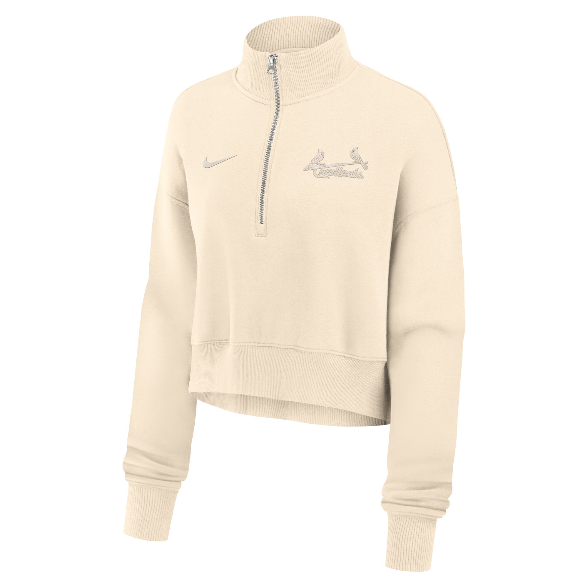 Sweat-shirt court à fermeture éclair 1/4 Nike crème pour femme, modèle Phoenix Fleece, aux couleurs des Cardinals de Saint-Louis.