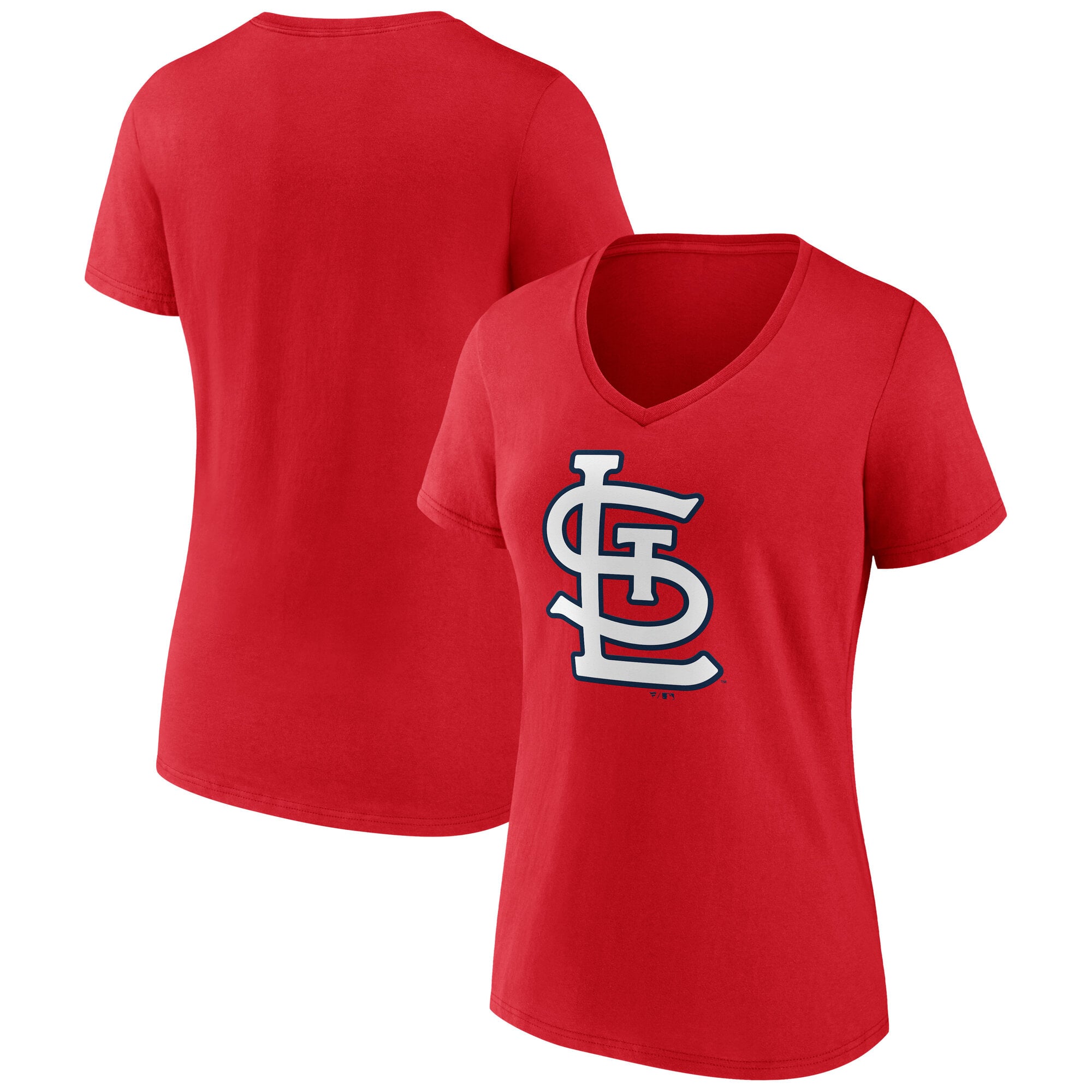 T-shirt à col en V rouge pour femmes avec logo officiel des Cardinals de Saint-Louis