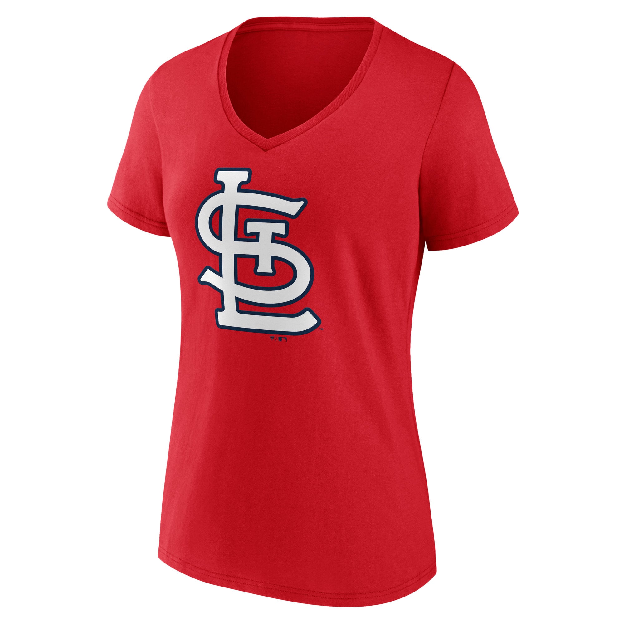 T-shirt à col en V rouge pour femmes avec logo officiel des Cardinals de Saint-Louis