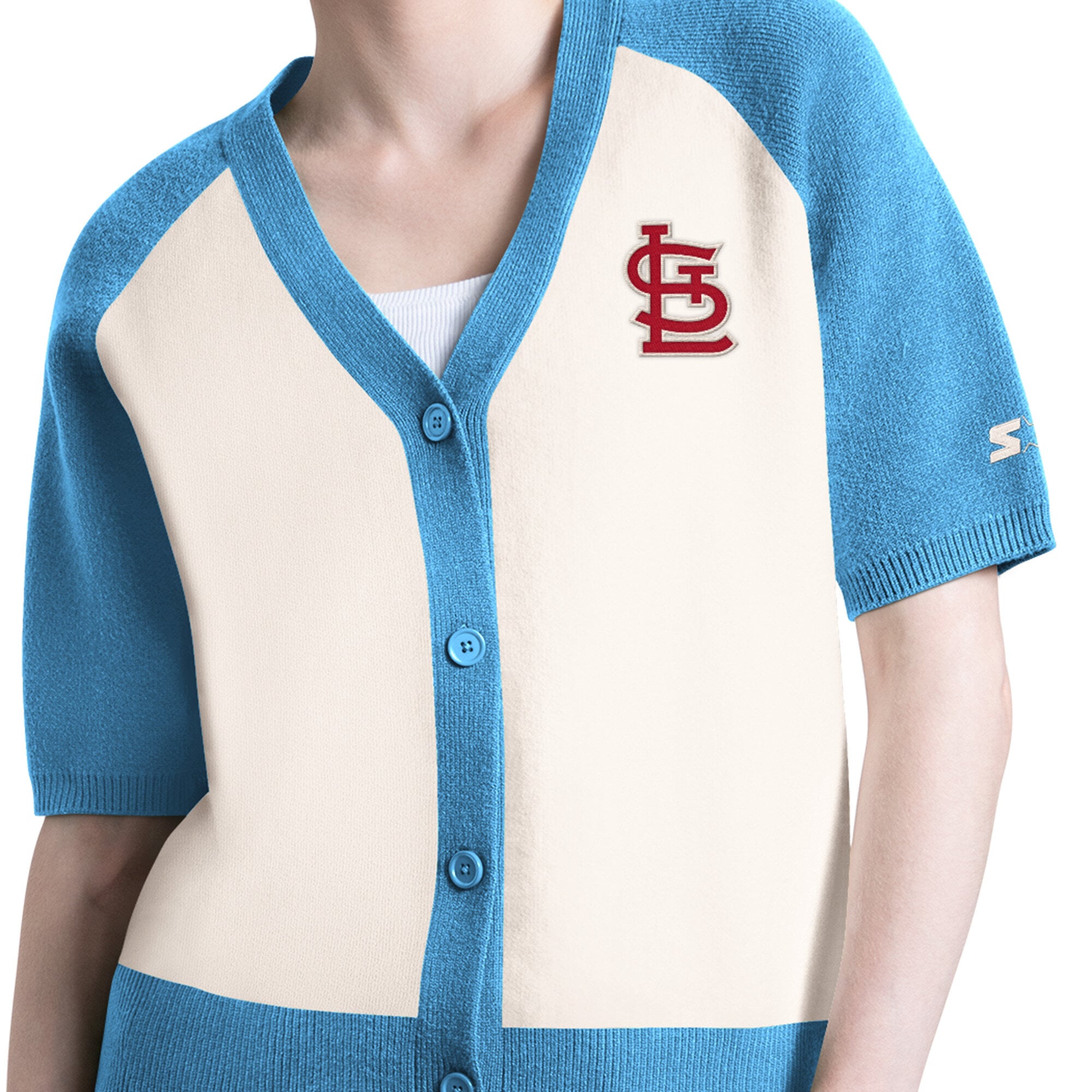 Women's Starter Off White St. Louis Cardinals Cooperstown Collection Key Player Tri-Blend Cropped Button-Up Raglan Short Sleeve Sweater