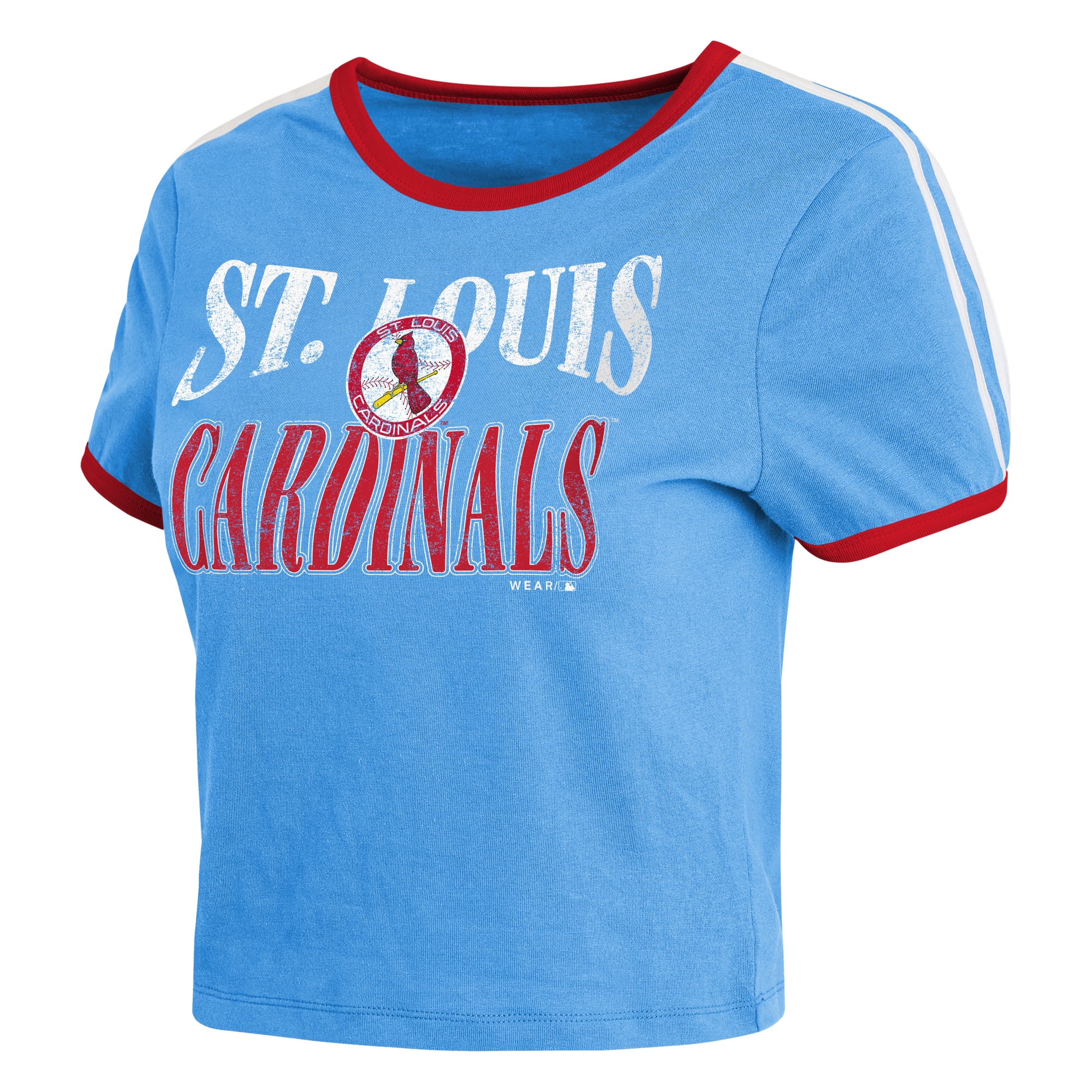 Women's WEAR by Erin Andrews  Light Blue St. Louis Cardinals Cropped Throwback Ringer Baby T-Shirt
