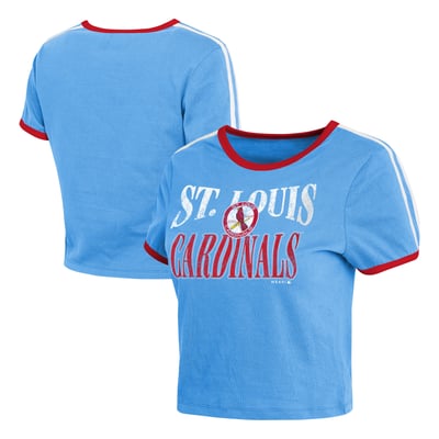  St. Louis Cardinals WEAR by Erin Andrews Women's Cropped Throwback Ringer Baby T-Shirt - Light Blue