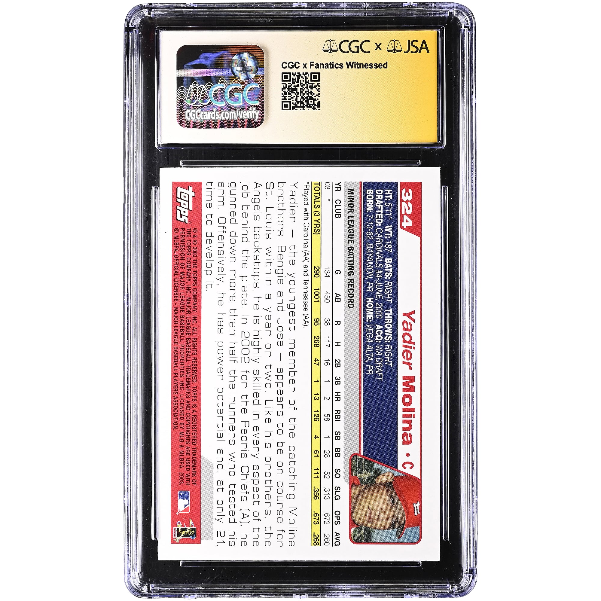 Yadier Molina St. Louis Cardinals Autographed 2004 Topps #324 CGC Authenticated Auto 10 Rookie Card