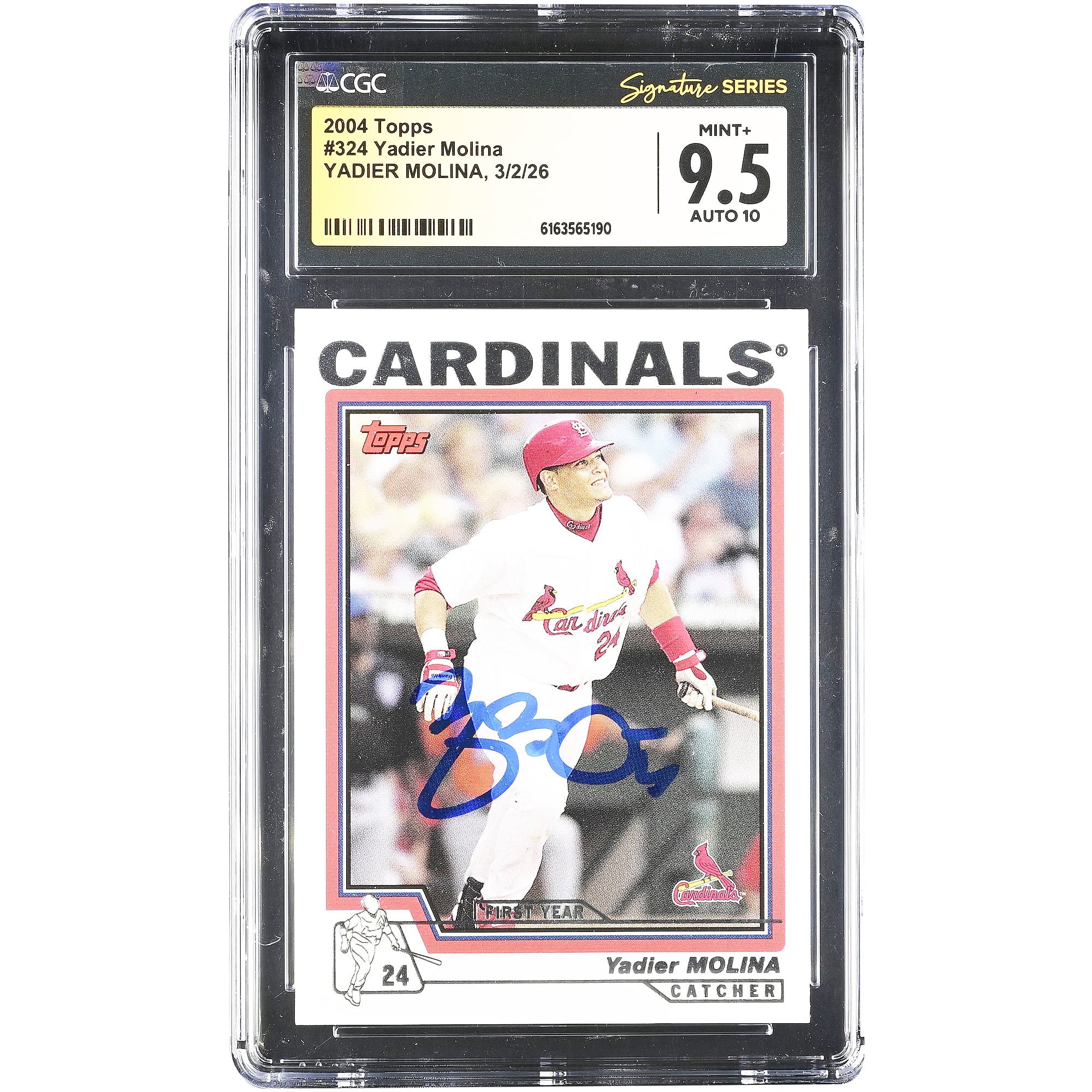 Carte de recrue autographiée de Yadier Molina (Cardinals de Saint-Louis), Topps 2004 n° 324, authentifiée par Fanatics Witnessed (CGC), note 9,5/10
