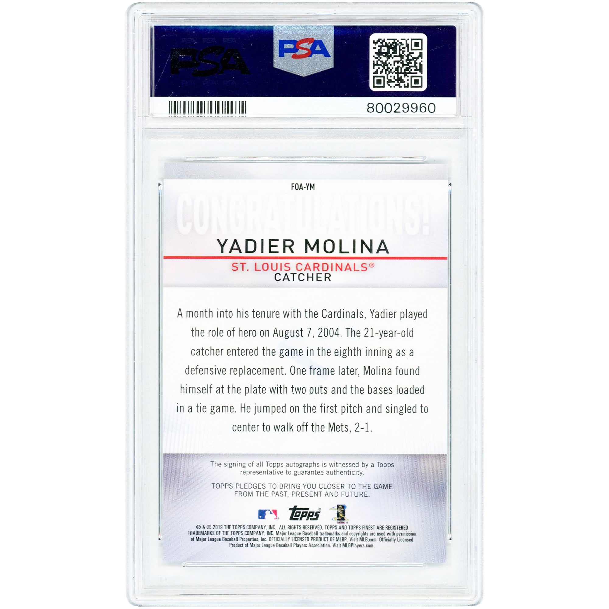 Carte autographiée de Yadier Molina (Cardinals de Saint-Louis) de la collection Topps Finest Origins 2019, numéro #FOA-YM, authentifiée par PSA (niveau 9).