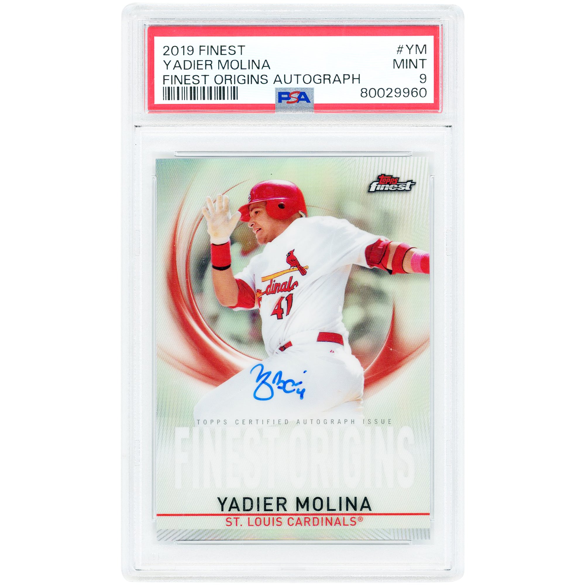 Carte autographiée de Yadier Molina (Cardinals de Saint-Louis) de la collection Topps Finest Origins 2019, numéro #FOA-YM, authentifiée par PSA (niveau 9).
