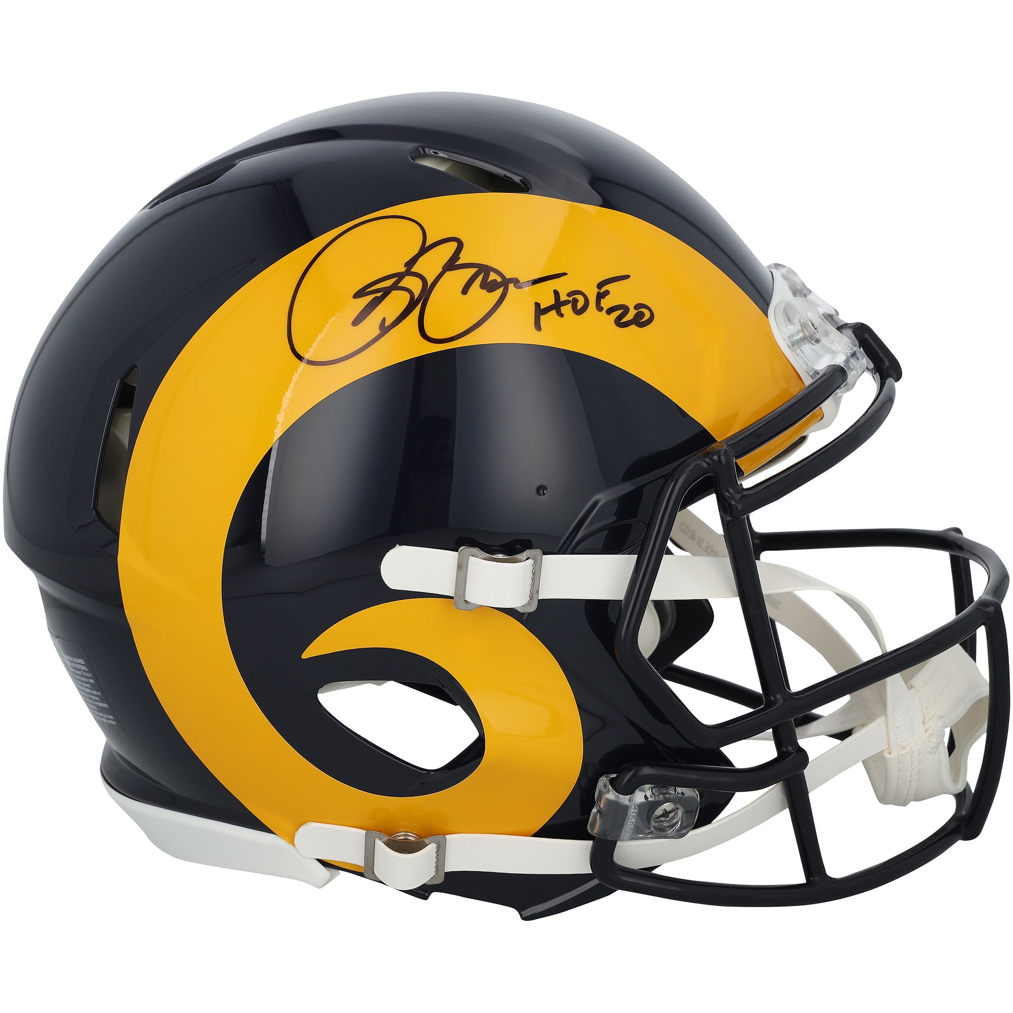 Casque Riddell Speed ​​Authentic rétro 1981-1999 autographié par Isaac Bruce, joueur des Rams de Los Angeles, avec inscription « HOF 2020 ».