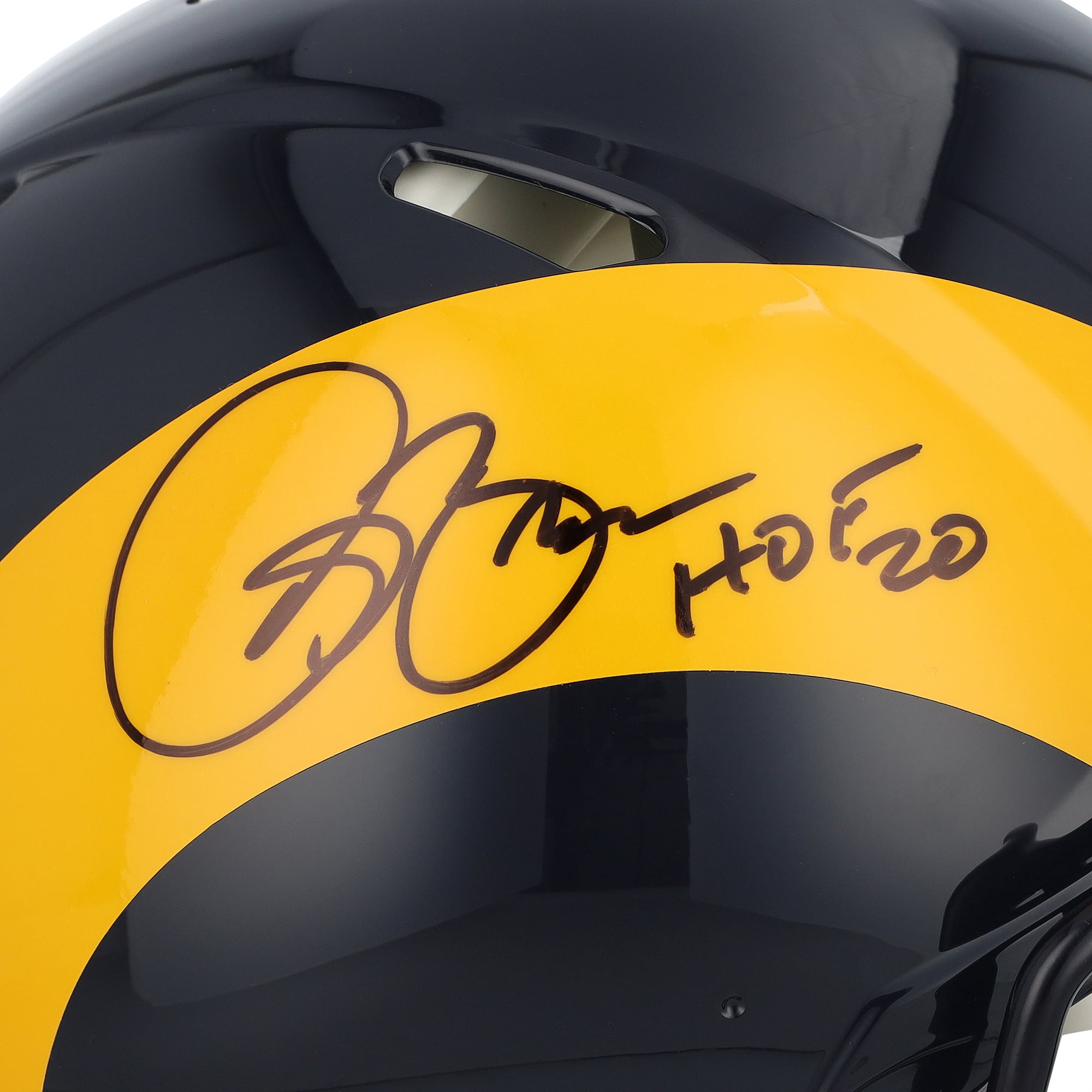 Casque Riddell Speed ​​Authentic rétro 1981-1999 autographié par Isaac Bruce, joueur des Rams de Los Angeles, avec inscription « HOF 2020 ».