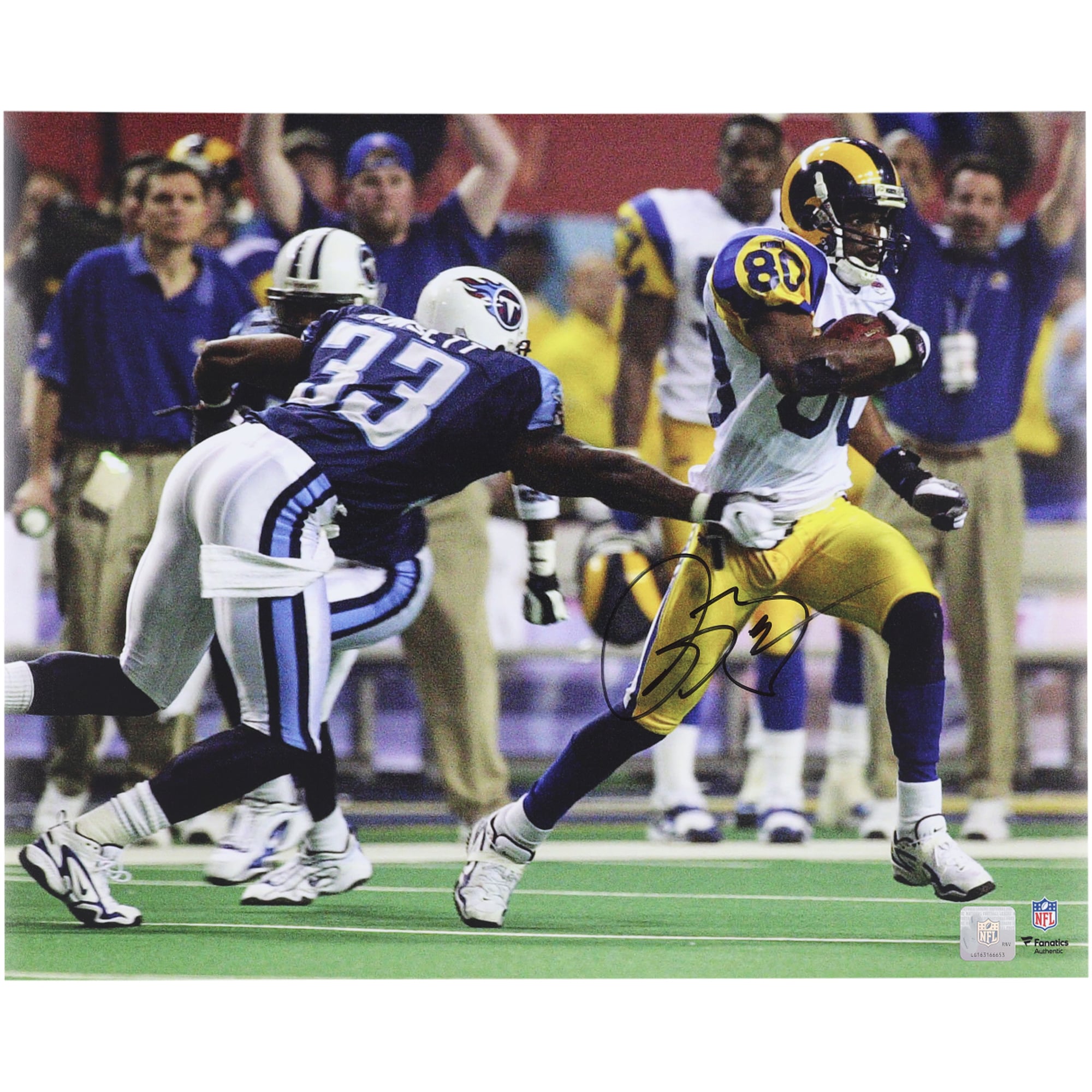 Photo dédicacée par Isaac Bruce, joueur des Rams de Saint-Louis, lors du Super Bowl XXXIV (40,6 x 50,8 cm).