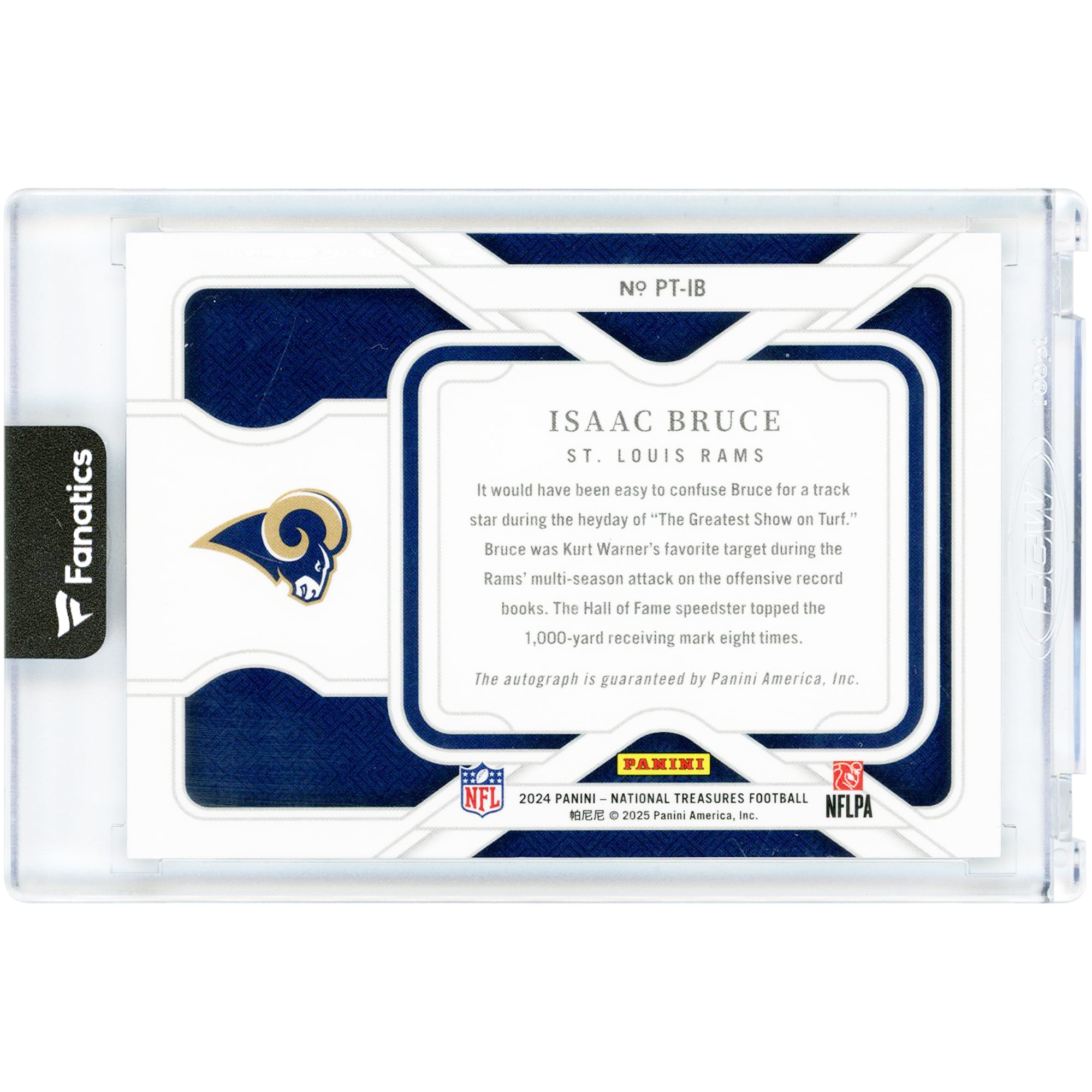 Carte autographiée par Isaac Bruce des Rams de Saint-Louis, collection Panini National Treasures Personalized Treasures 2024, n° PT-IB, n° 18/99
