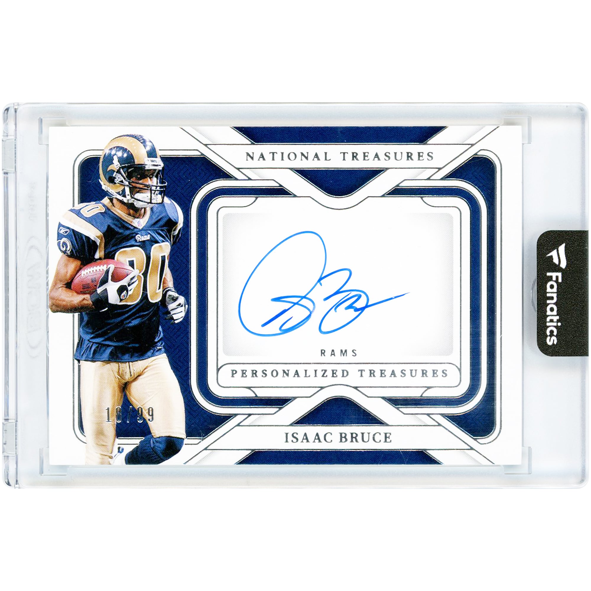Carte autographiée par Isaac Bruce des Rams de Saint-Louis, collection Panini National Treasures Personalized Treasures 2024, n° PT-IB, n° 18/99