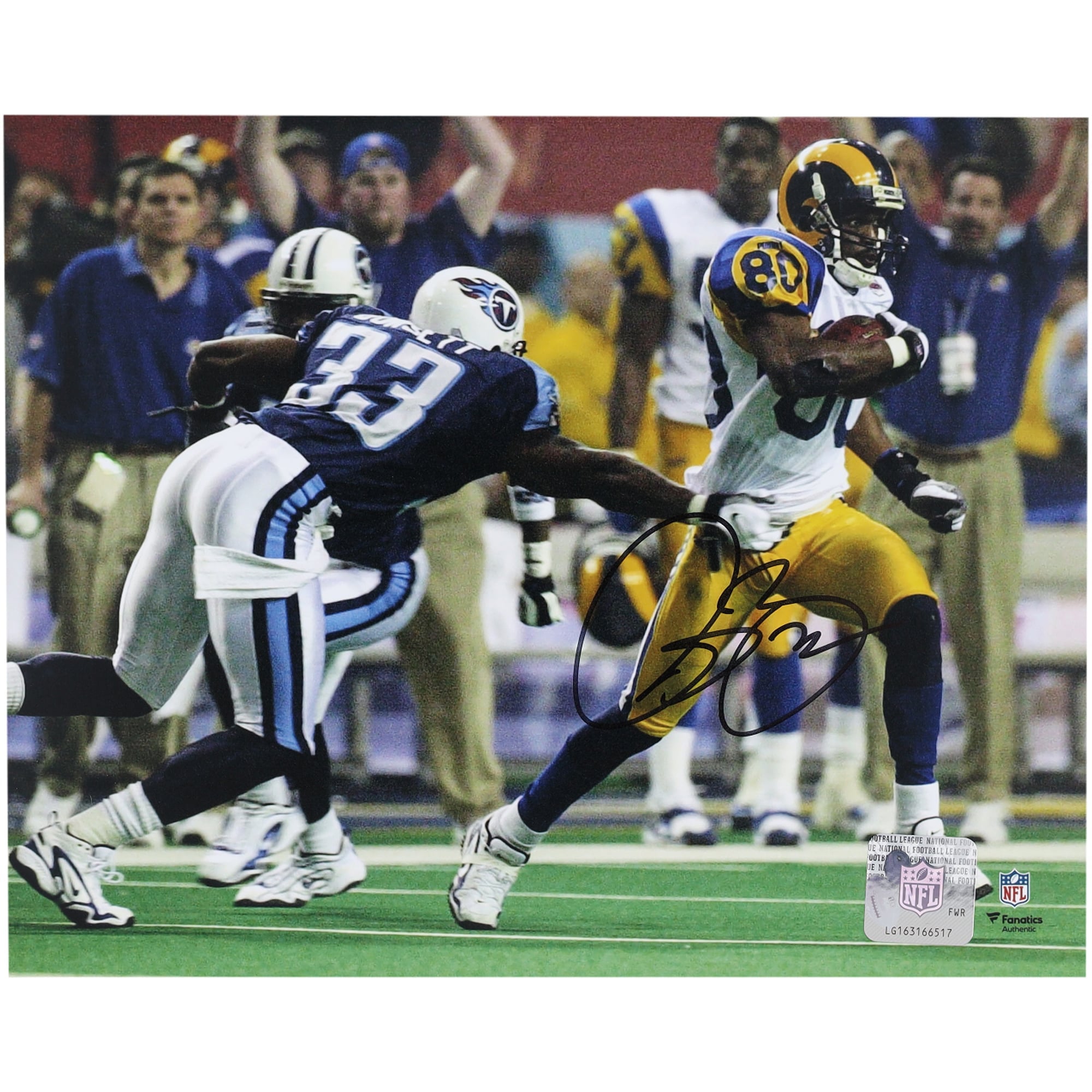 Photo dédicacée d'Isaac Bruce, joueur des Rams de Saint-Louis, lors du Super Bowl XXXIV (8 x 10 pouces).
