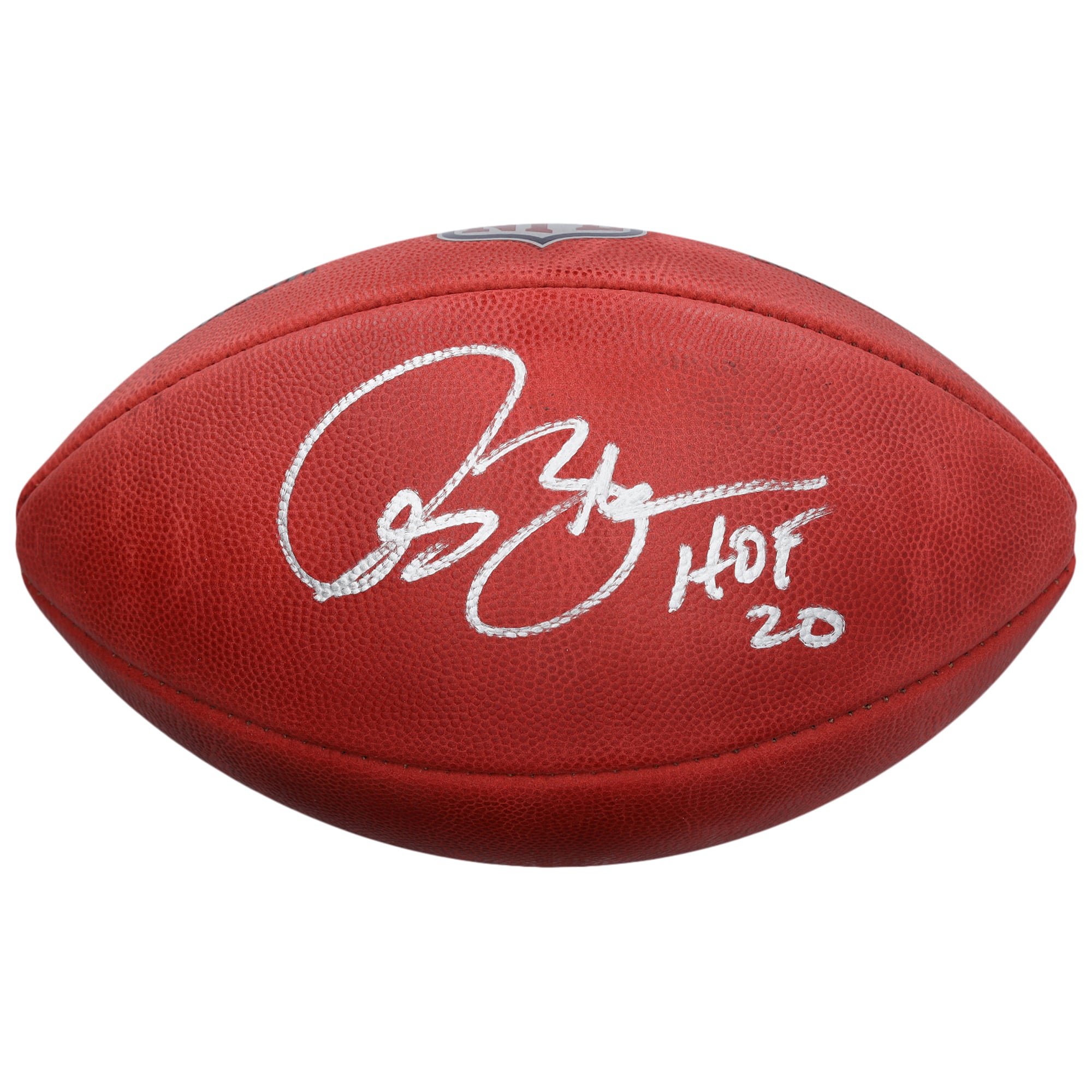 Ballon de football américain Wilson Duke en couleurs, autographié par Isaac Bruce des Rams de Saint-Louis, avec inscription « HOF 2020 ».