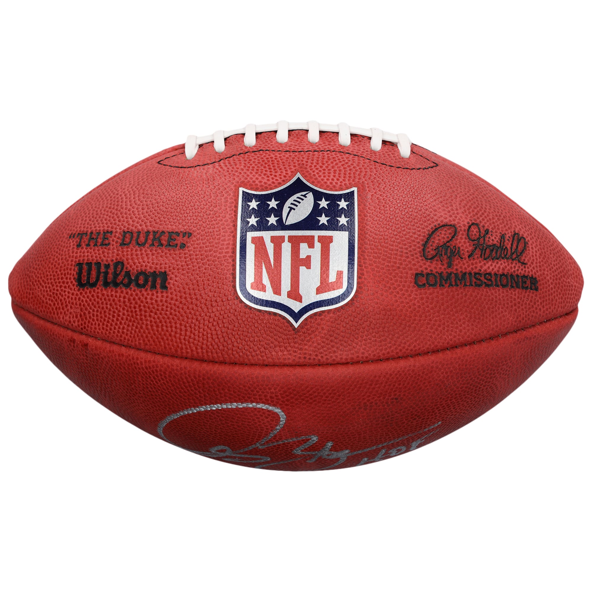 Ballon de football américain Wilson Duke en couleurs, autographié par Isaac Bruce des Rams de Saint-Louis, avec inscription « HOF 2020 ».