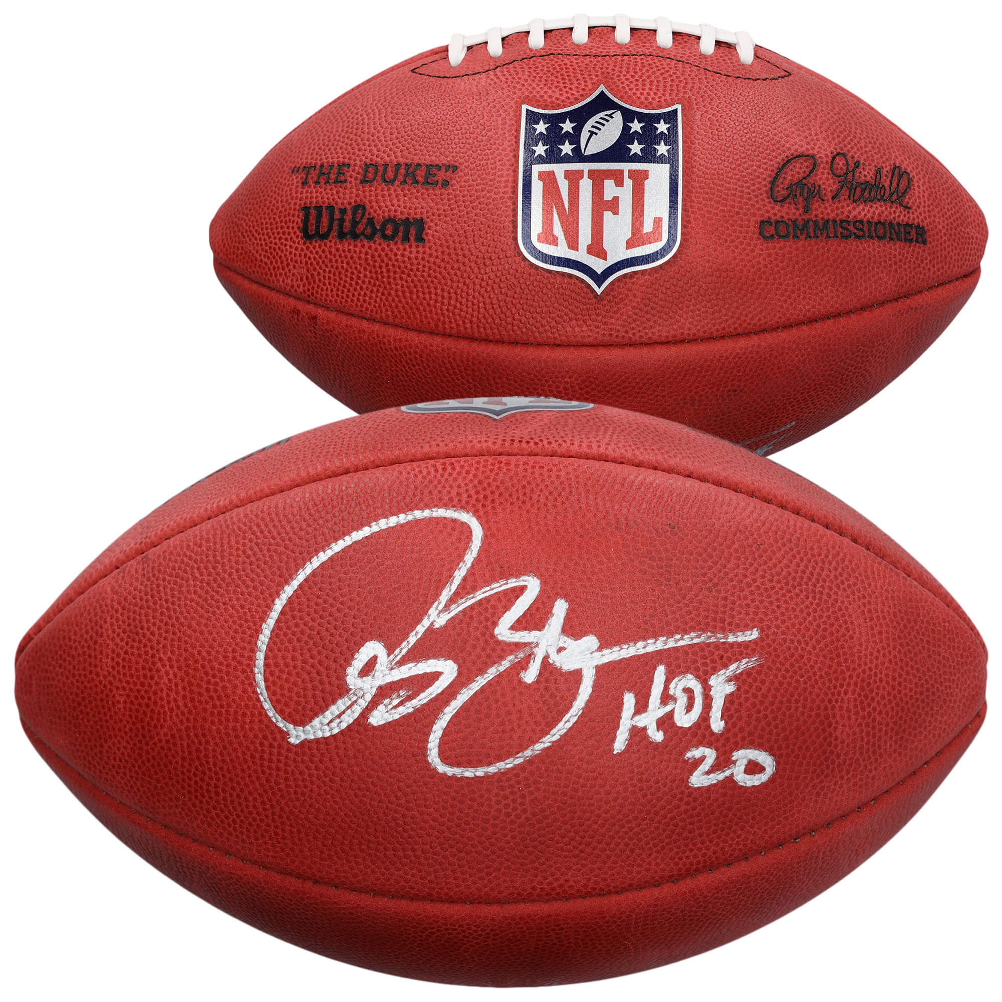 Ballon de football américain Wilson Duke en couleurs, autographié par Isaac Bruce des Rams de Saint-Louis, avec inscription « HOF 2020 ».