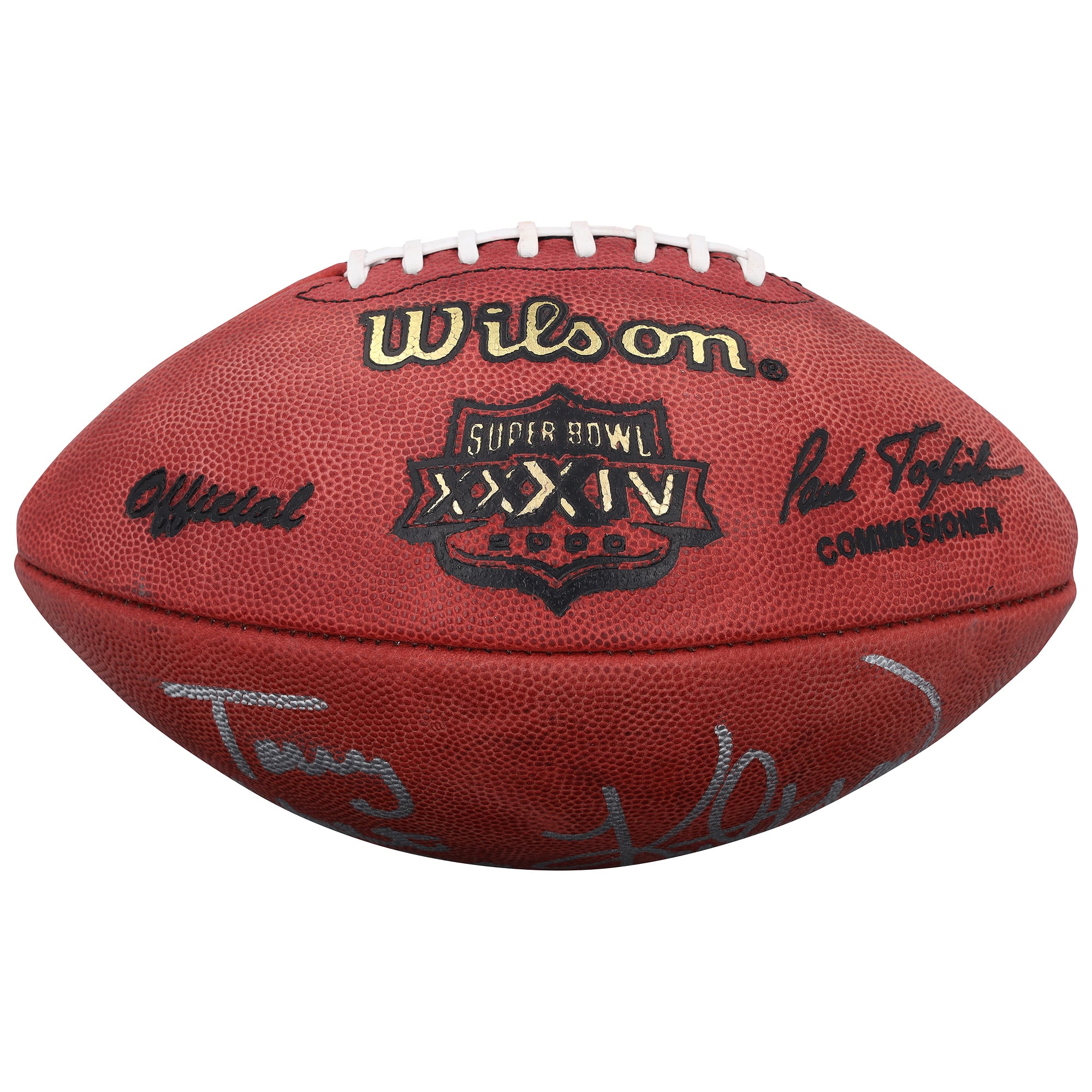 Ballon de football américain Wilson Duke Super Bowl XXXIV autographié par Kurt Warner et Torry Holt des Rams de Saint-Louis