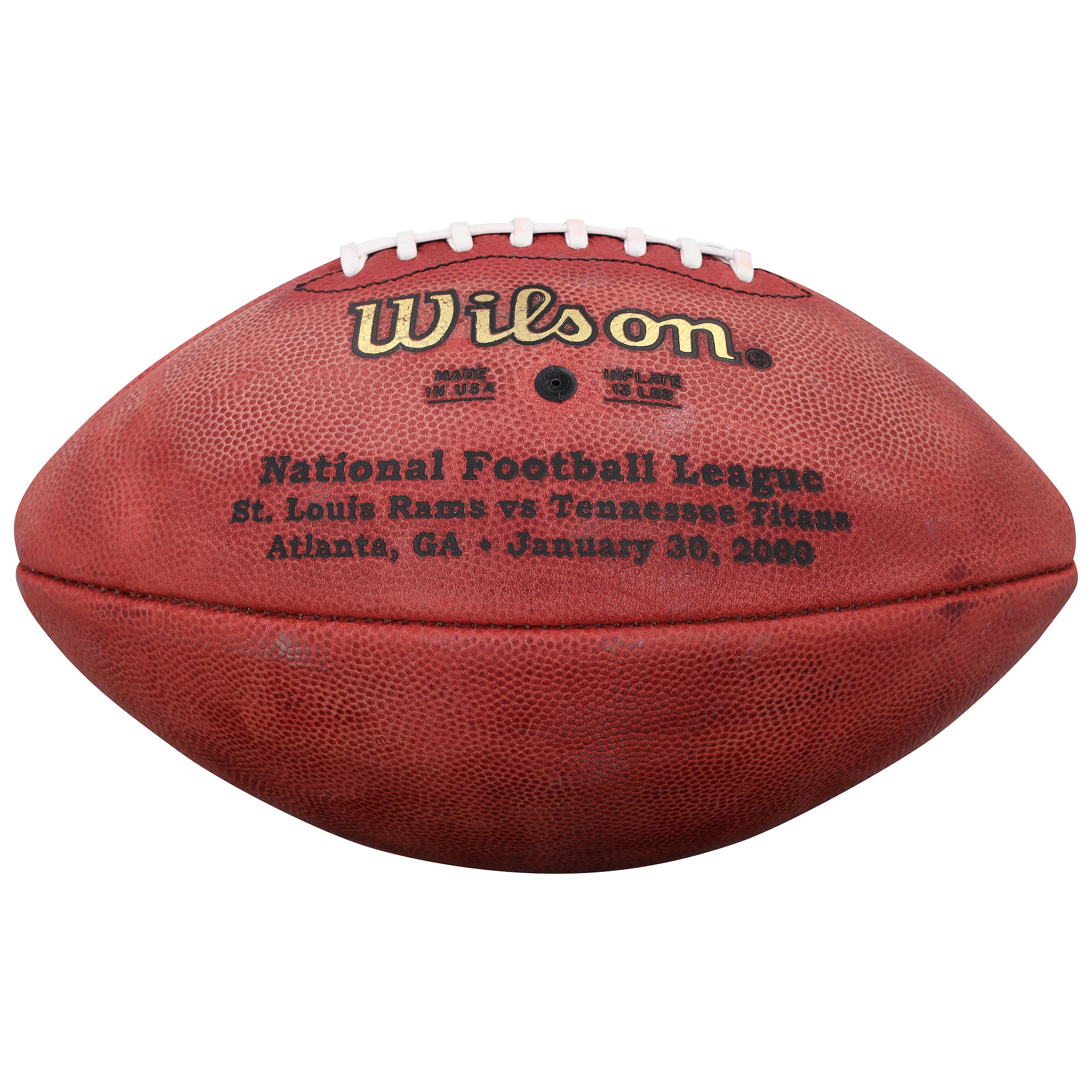 Ballon de football américain Wilson Duke Super Bowl XXXIV autographié par Kurt Warner et Torry Holt des Rams de Saint-Louis