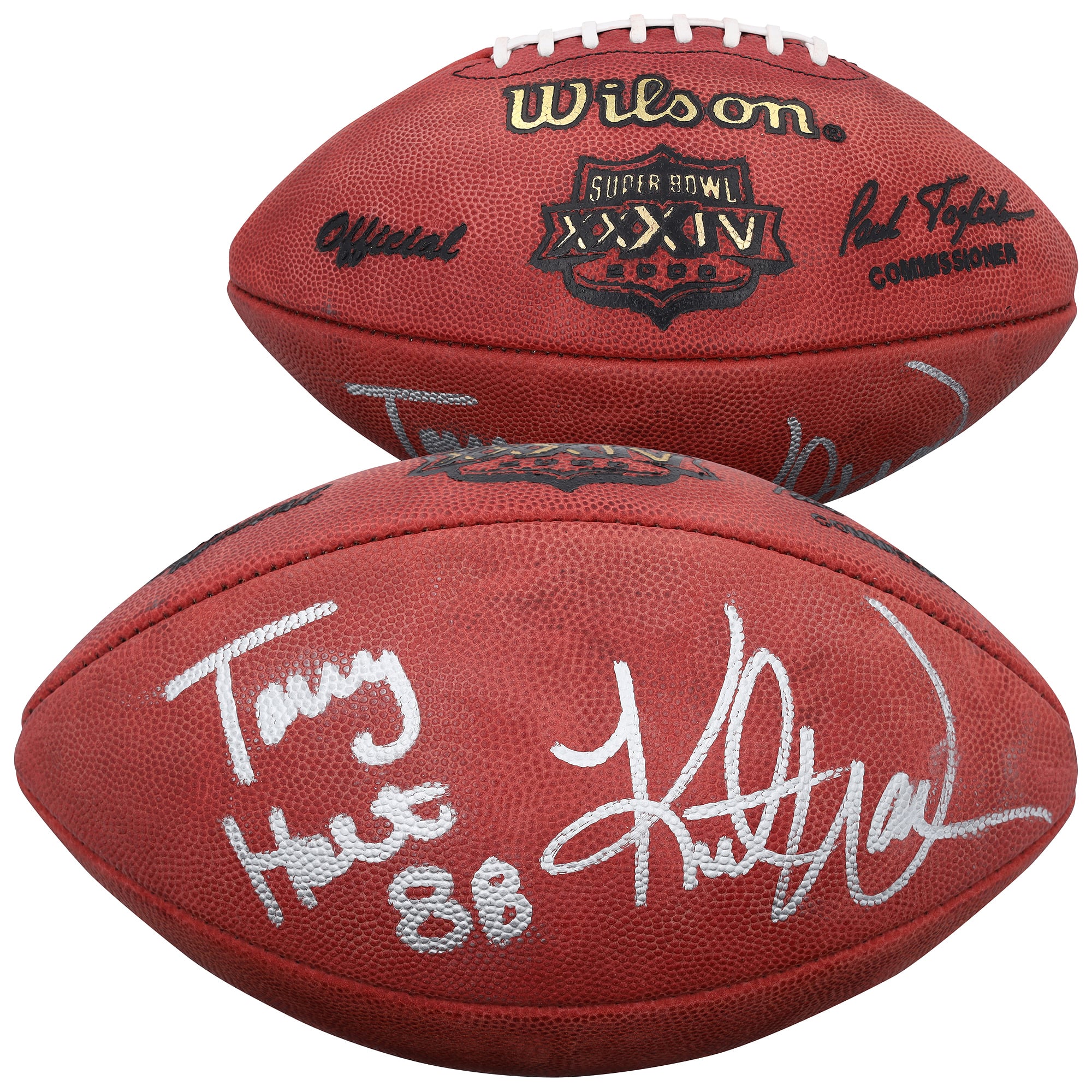 Ballon de football américain Wilson Duke Super Bowl XXXIV autographié par Kurt Warner et Torry Holt des Rams de Saint-Louis