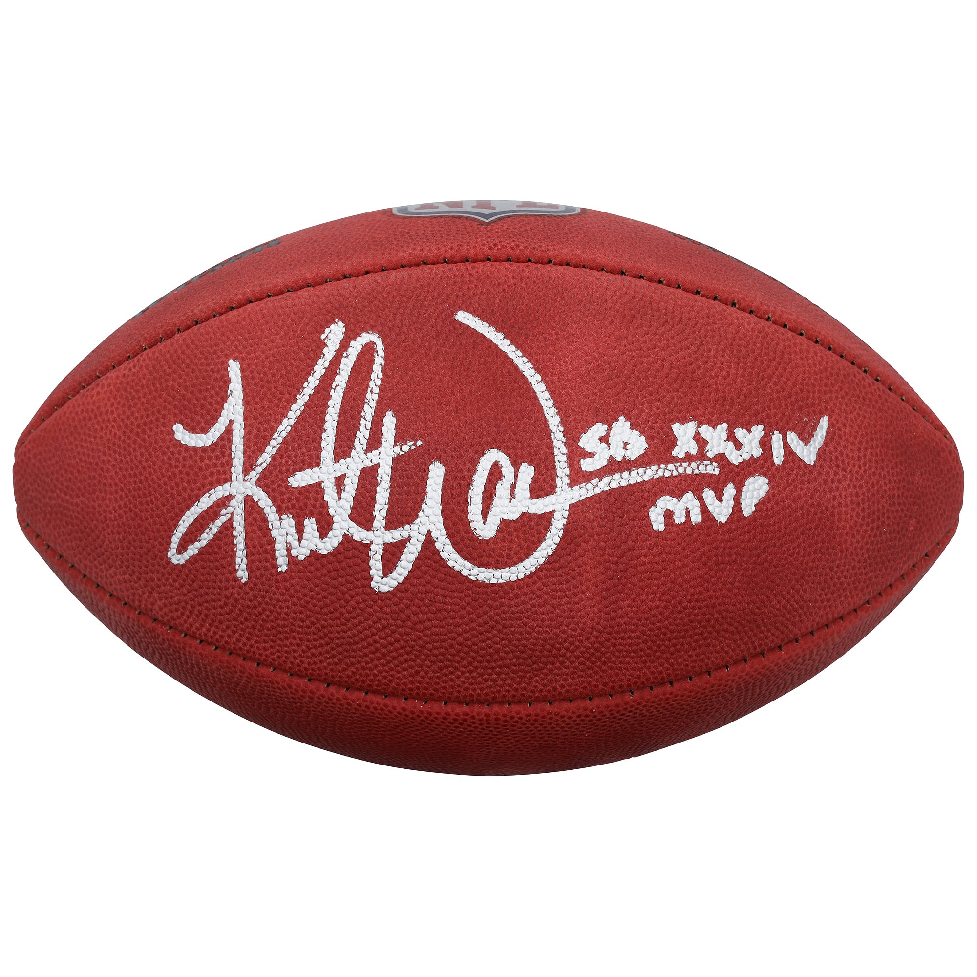 Ballon de football américain Wilson Duke en couleurs, autographié par Kurt Warner (St. Louis Rams), avec inscription « MVP du Super Bowl XXXIV ».