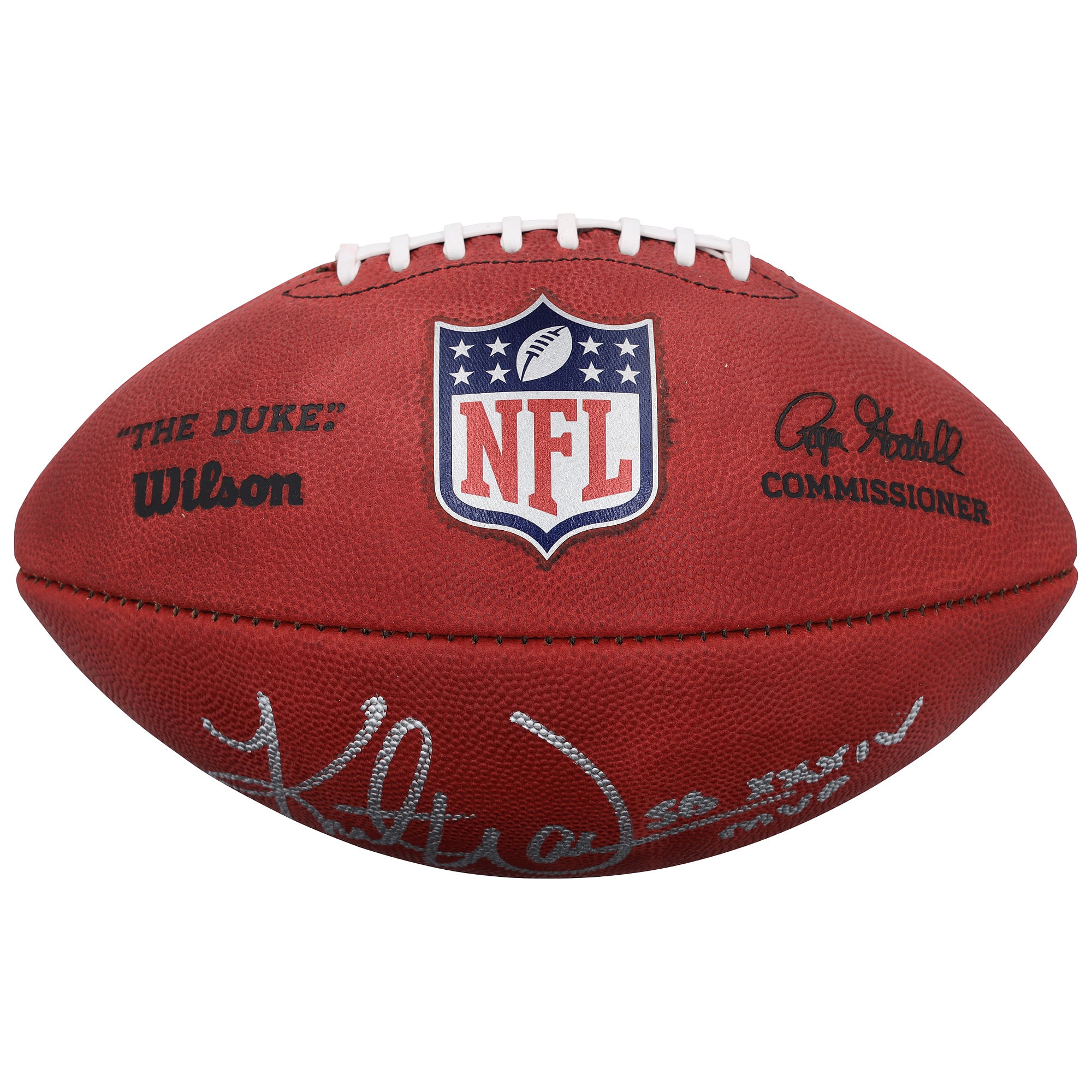 Ballon de football américain Wilson Duke en couleurs, autographié par Kurt Warner (St. Louis Rams), avec inscription « MVP du Super Bowl XXXIV ».