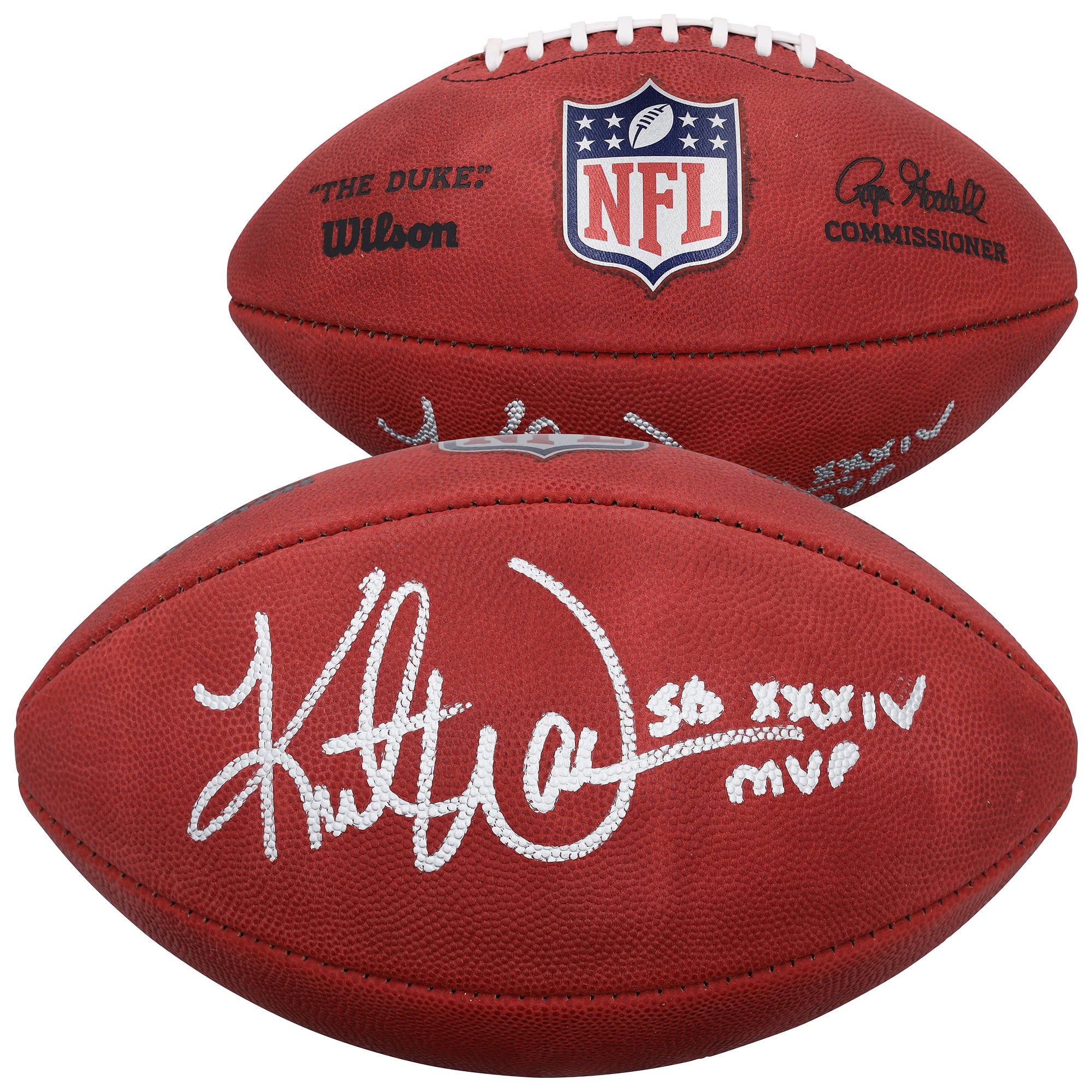 Ballon de football américain Wilson Duke en couleurs, autographié par Kurt Warner (St. Louis Rams), avec inscription « MVP du Super Bowl XXXIV ».