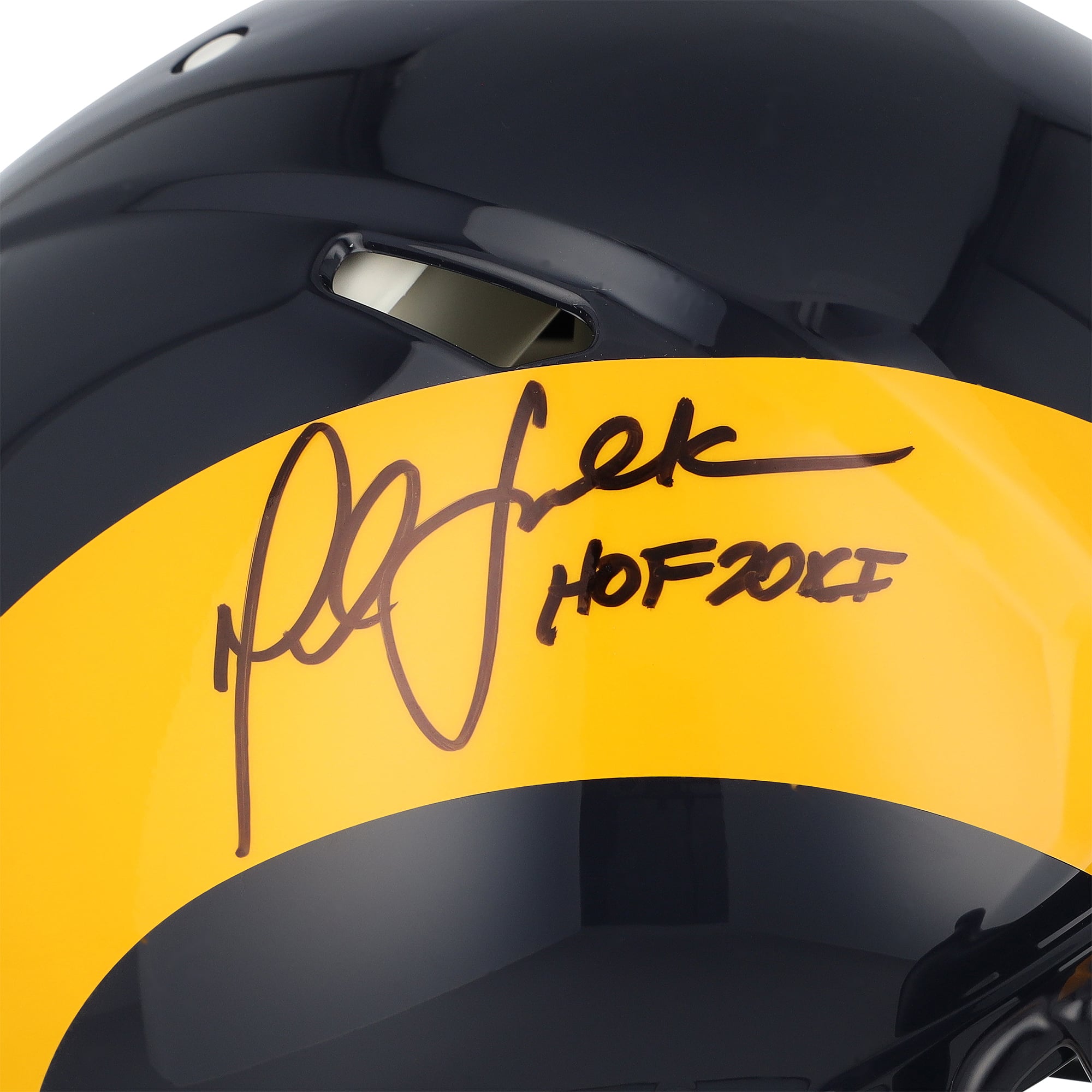 Casque Riddell Speed ​​Authentic rétro 1981-1999 autographié par Marshall Faulk, joueur des Rams de Saint-Louis, avec inscription « HOF 2011 ».