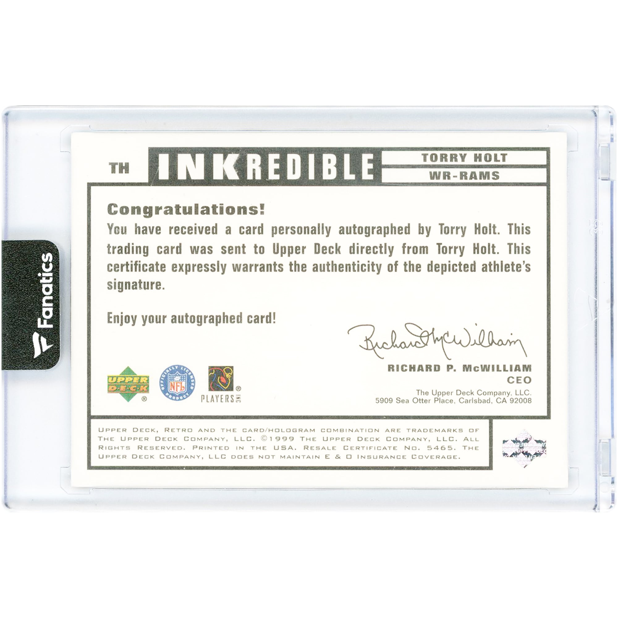 Carte de recrue autographiée de Torry Holt (St. Louis Rams) de 1999, Upper Deck Inkredible #TH