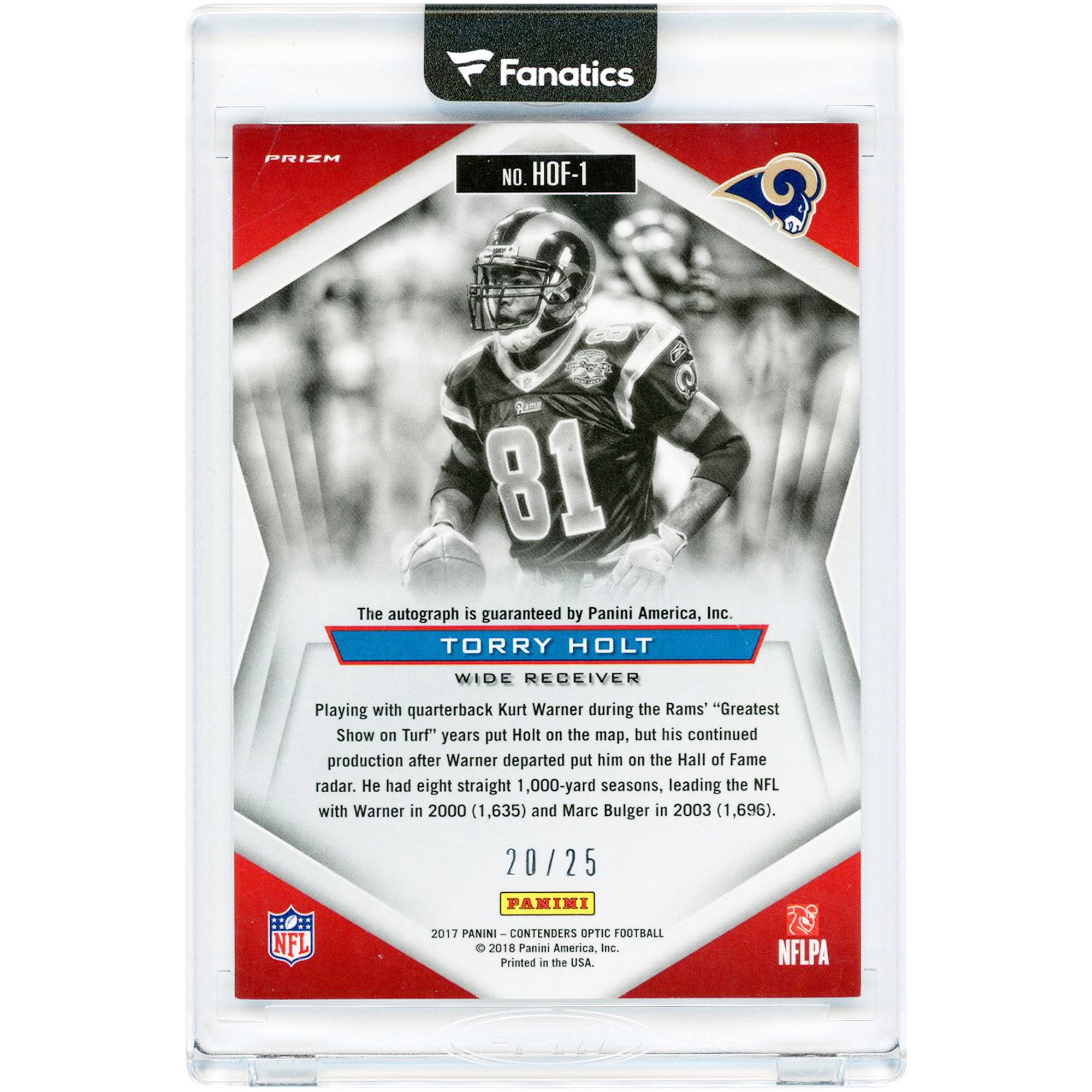 Carte autographiée de Torry Holt (St. Louis Rams) 2017 Panini Contenders Optic Hall Of Fame #HOF-1 #20/25
