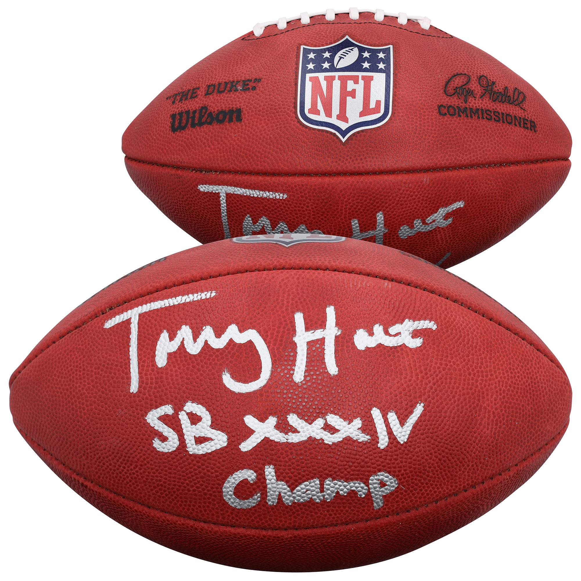 Ballon de football américain Duke en couleurs, autographié par Torry Holt (St. Louis Rams), avec inscription « Champion du Super Bowl XXXIV ».