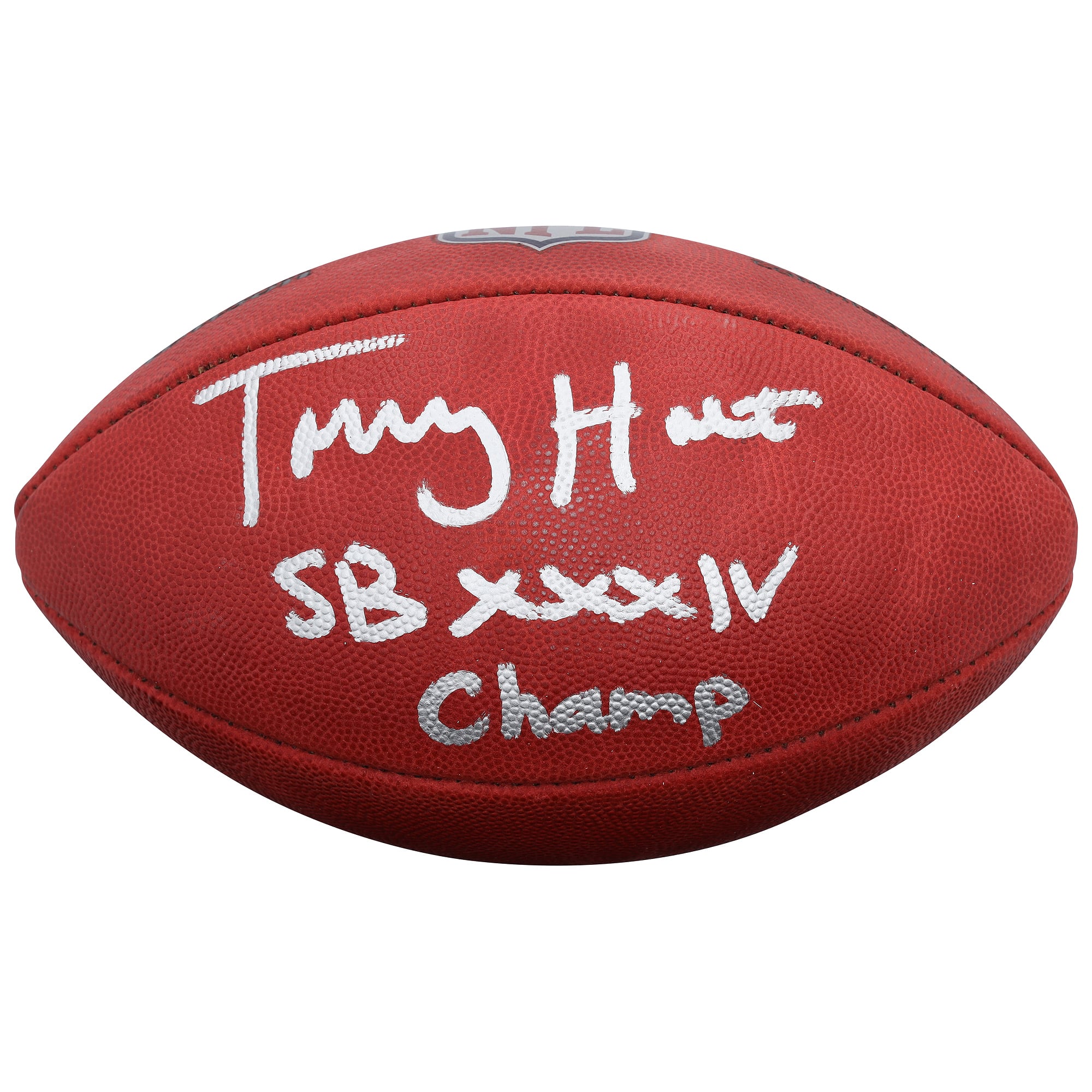 Ballon de football américain Duke en couleurs, autographié par Torry Holt (St. Louis Rams), avec inscription « Champion du Super Bowl XXXIV ».