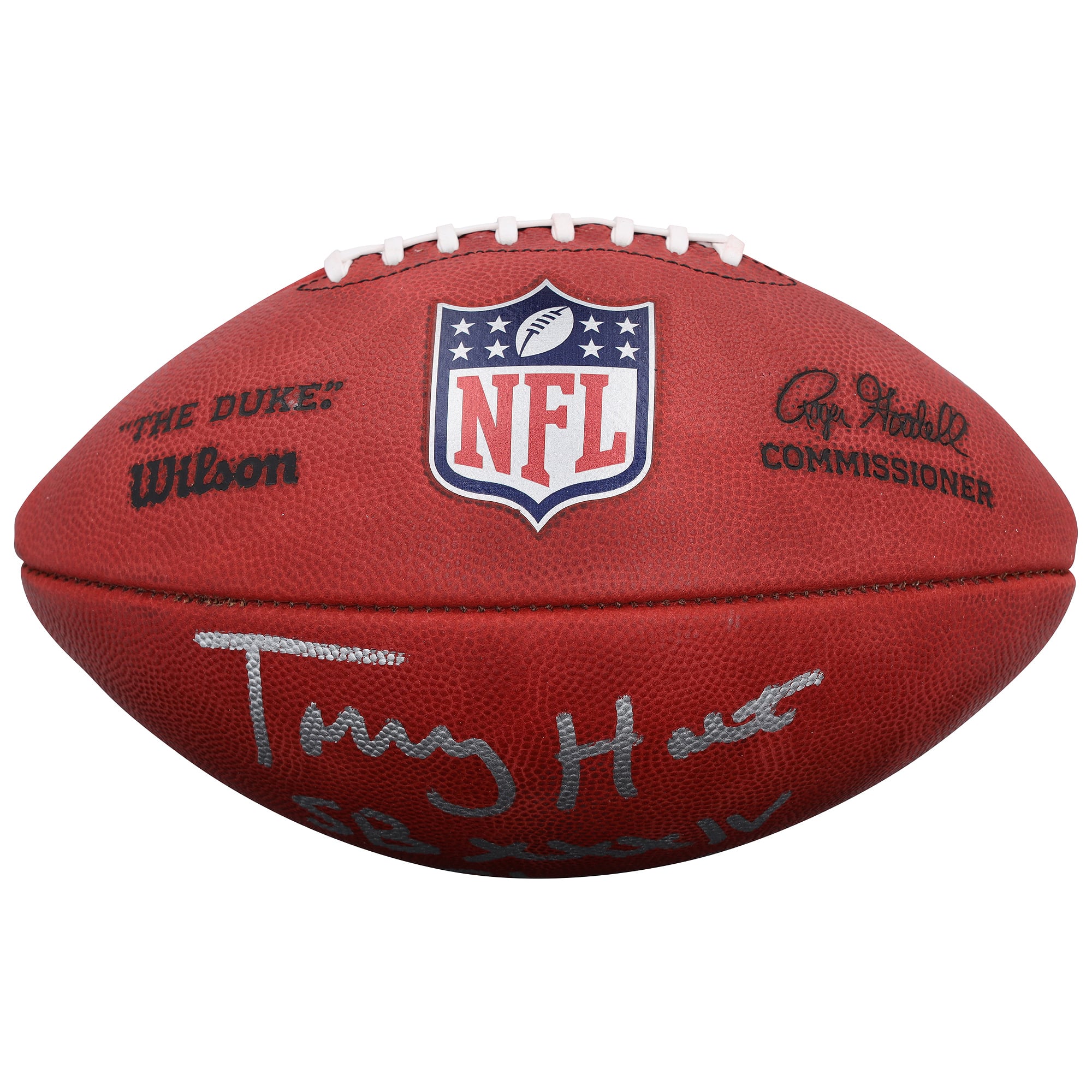 Ballon de football américain Duke en couleurs, autographié par Torry Holt (St. Louis Rams), avec inscription « Champion du Super Bowl XXXIV ».