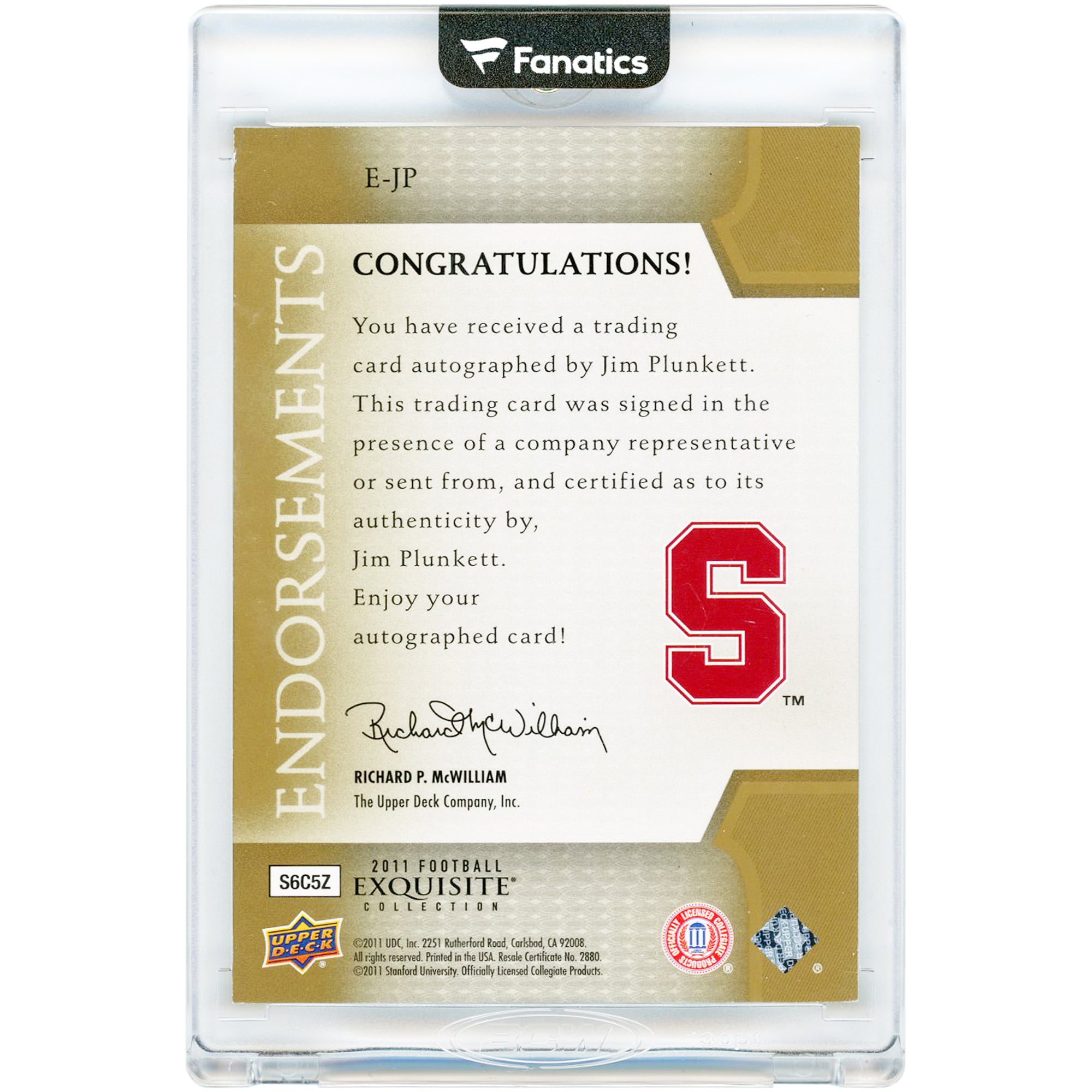 Jim Plunkett Stanford Cardinal Autographed 2011 Upper Deck Exquisite Collection Endorsements #E-JP #74/75 Card